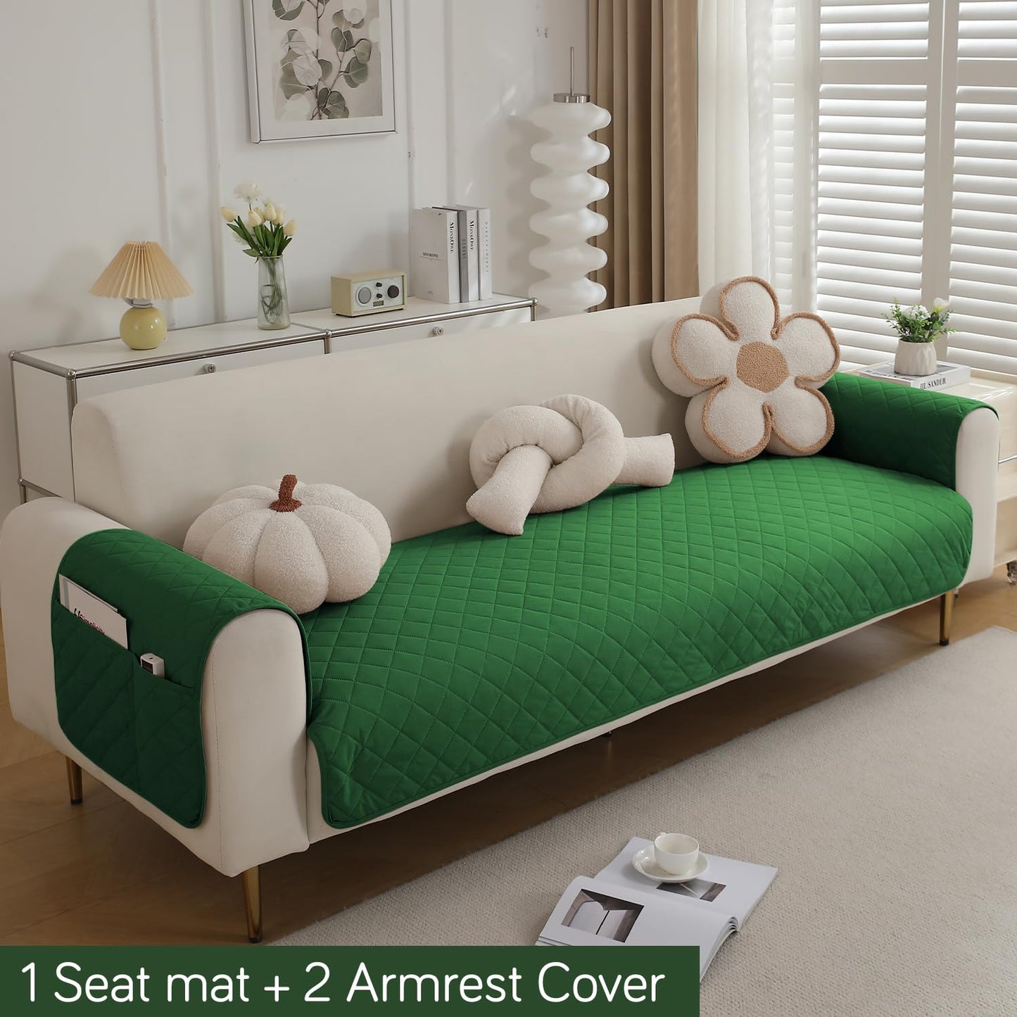 HOKIPO Quilted Waterproof Sofa Seat Mat for 1/2/3 Seater Sofa with 2 Armrest Covers with Pockets, Green