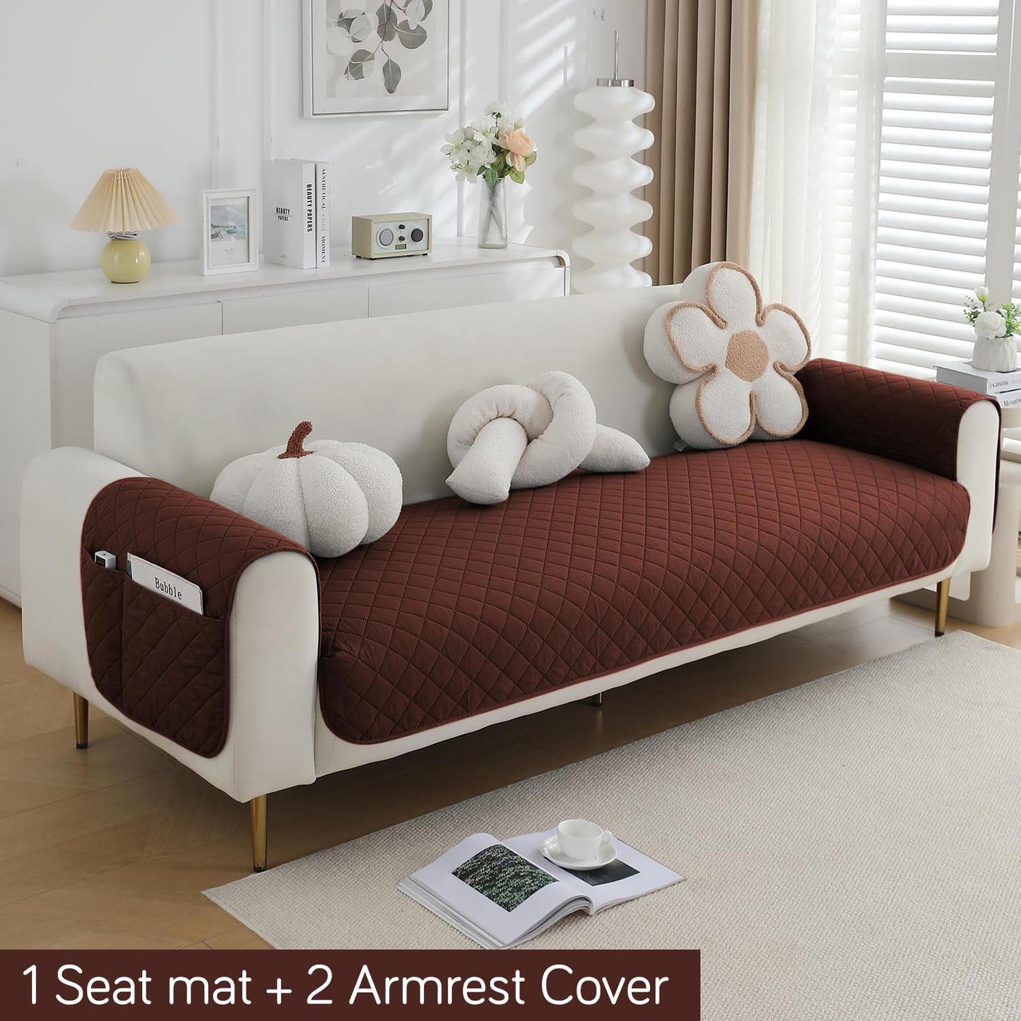 HOKIPO Quilted Waterproof Sofa Seat Mat with 2 Armrest Covers with Pockets, Brown