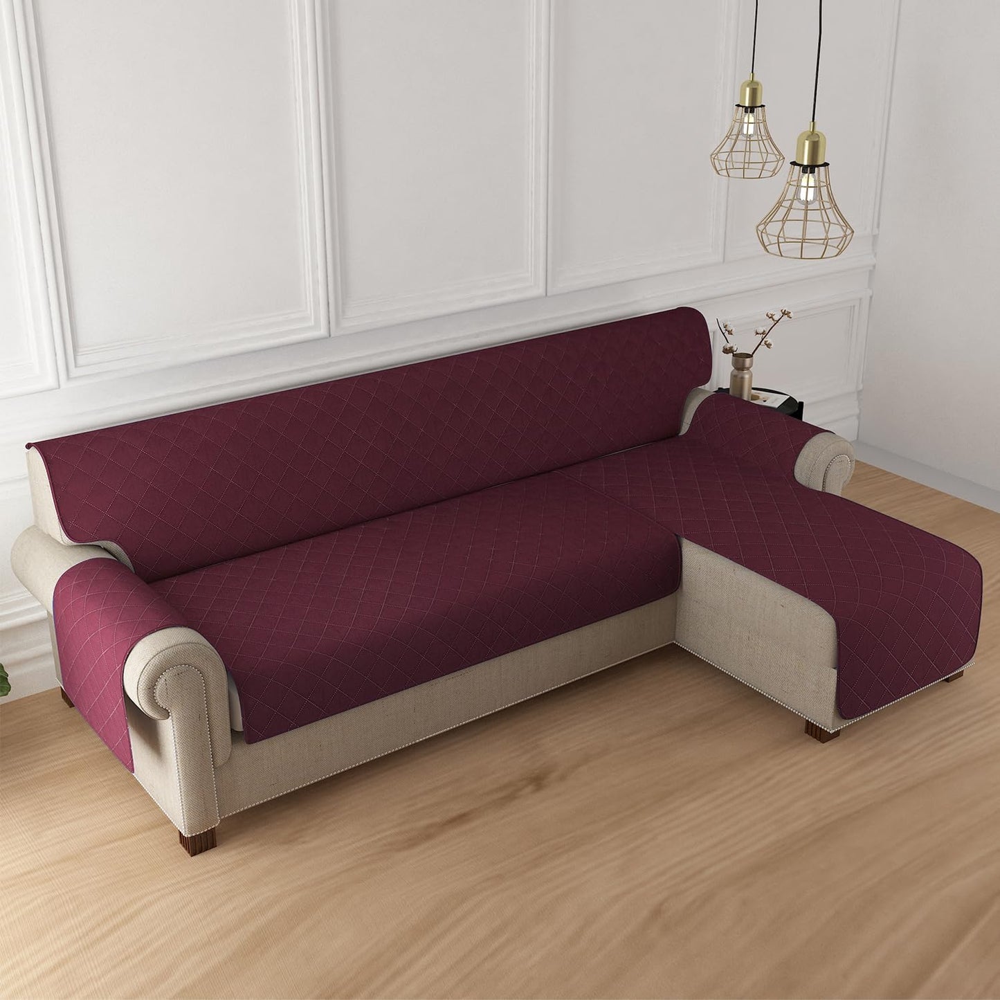 Quilted Reversible One Piece L Shape 4/5/6 Seater Sofa Cover Mat, Burgundy