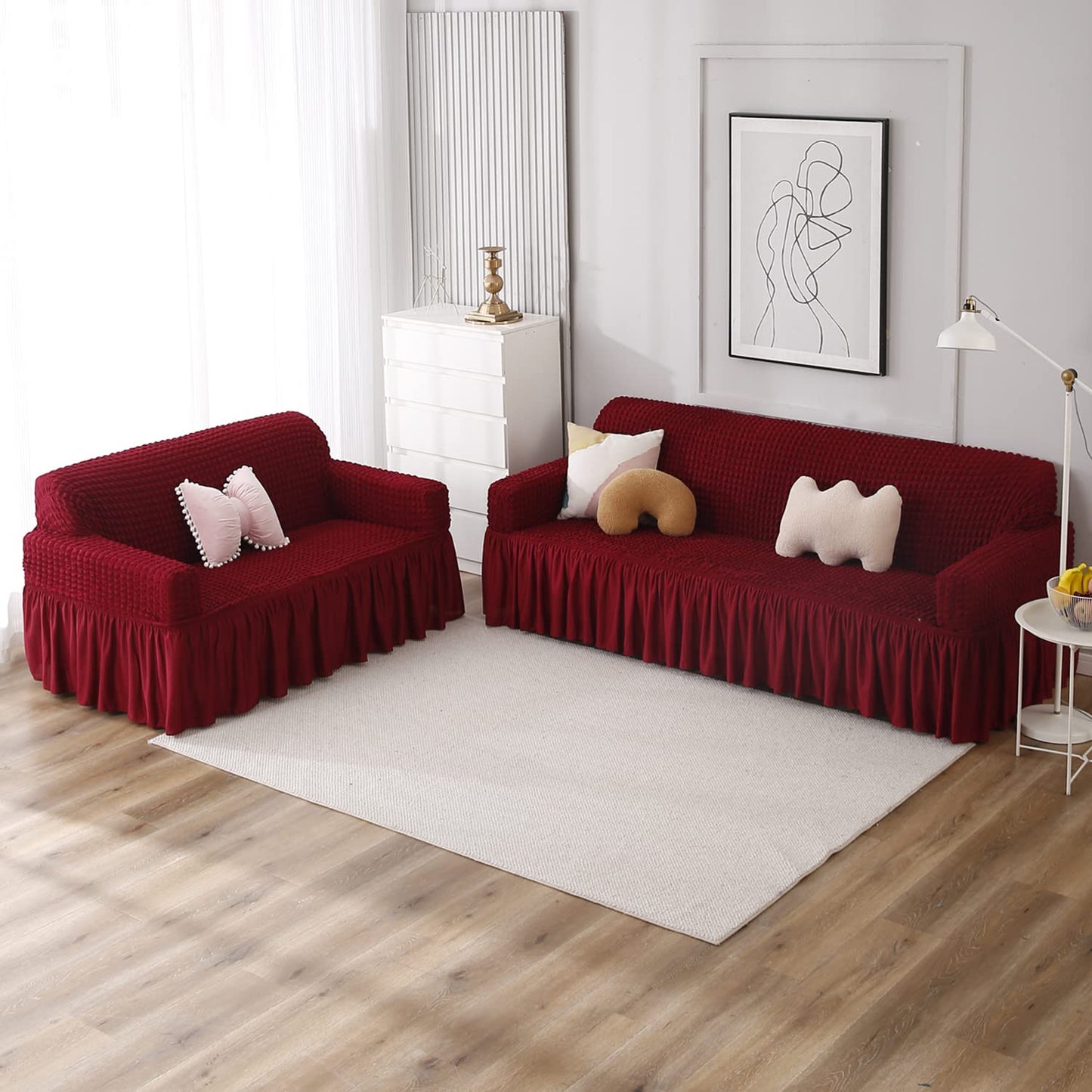 Cherry Red Elastic stretchable Turkish Bubble frill sofa cover for 3 seater and 2 seater sofa set