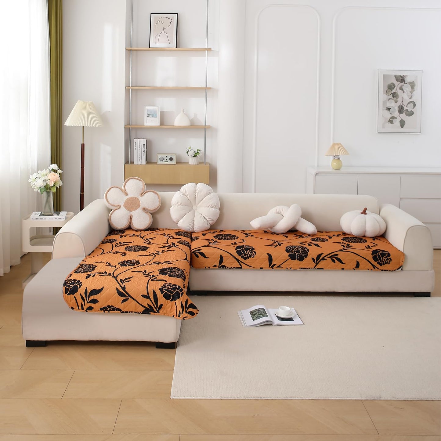 Waterproof Printed Quilted Quick Dry L Shape Sofa Seat Cover Mat, Copper Brown Floral