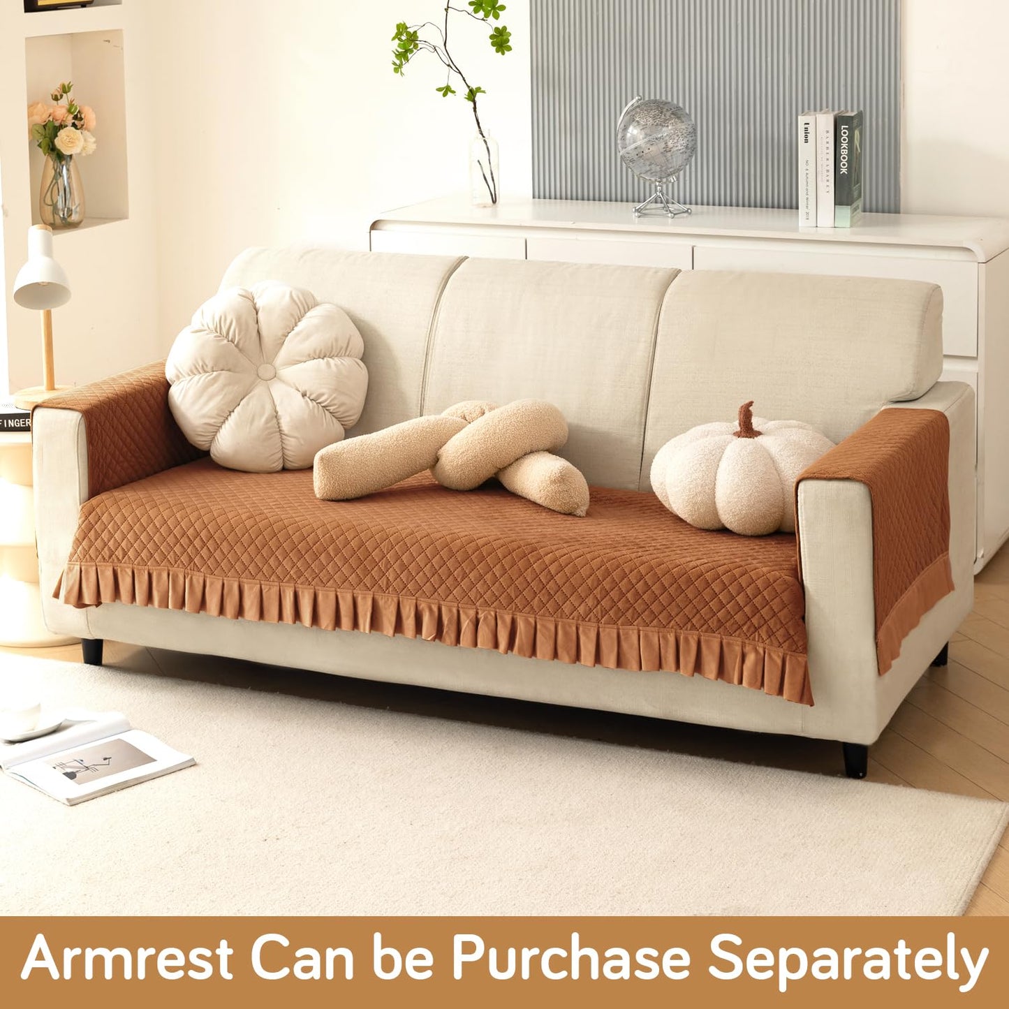 Holland Velvet Sofa Cover Seat Mat with Frill for 1/2/3 - Seater, Copper