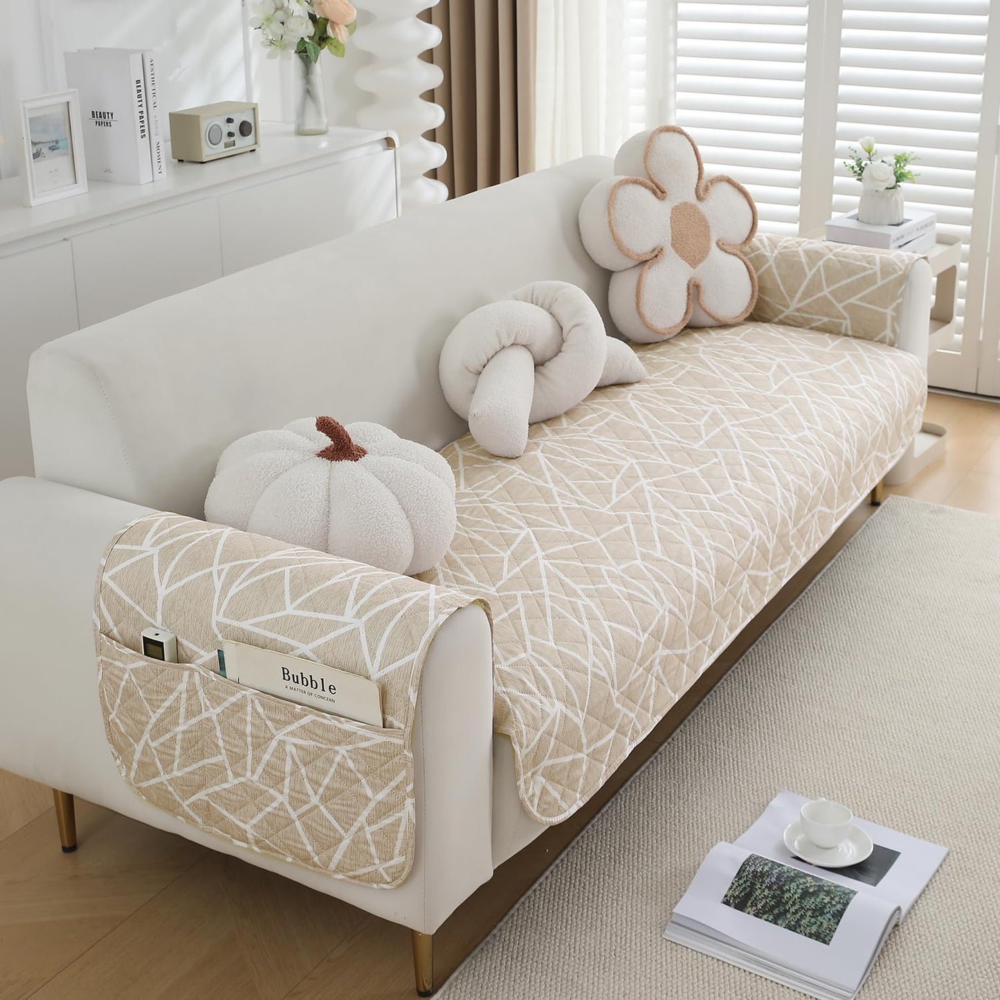 Waterproof Quilted Sofa Seat Mat for 1/2/3 Seater with 2 Armrest Covers with Pockets, Beige Abstract Geometry