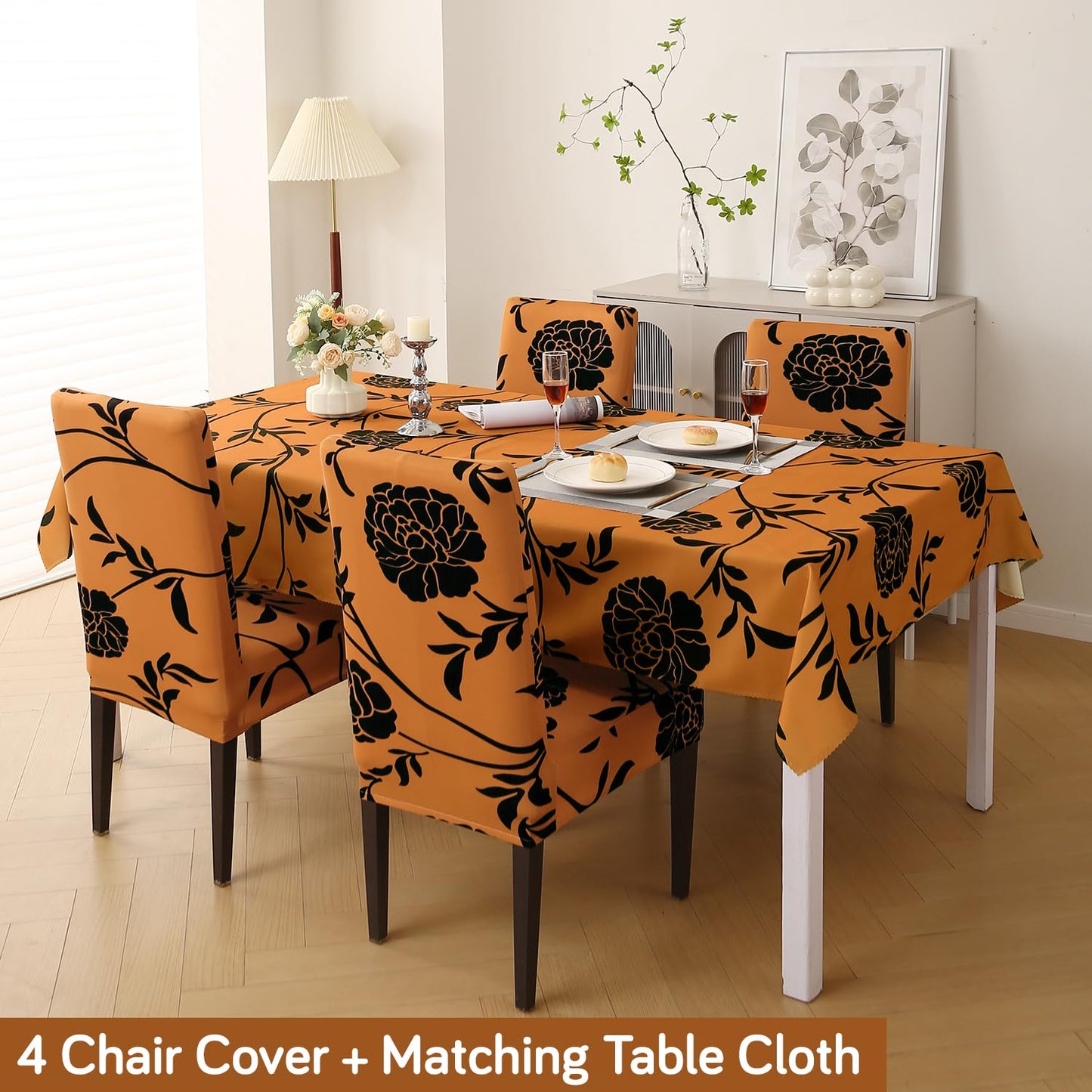 Elastic Dining Chair Covers with Matching Tablecloth, Copper Brown Floral