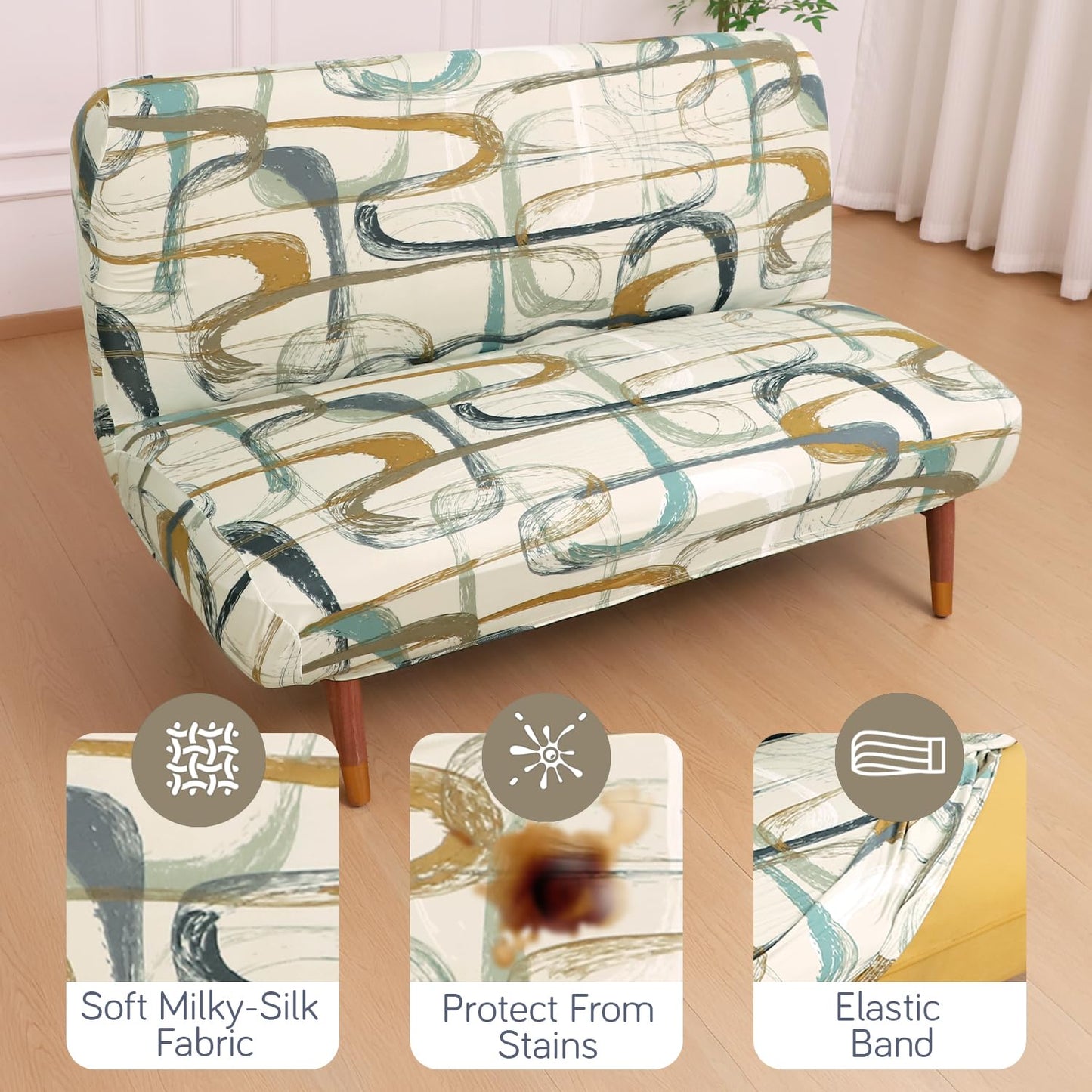 Elira Series Stretchable Elastic Armless Sofa Cover – 140 GSM, Futon Slipcover, Easy Fit, Parchement Beige Abstract Art