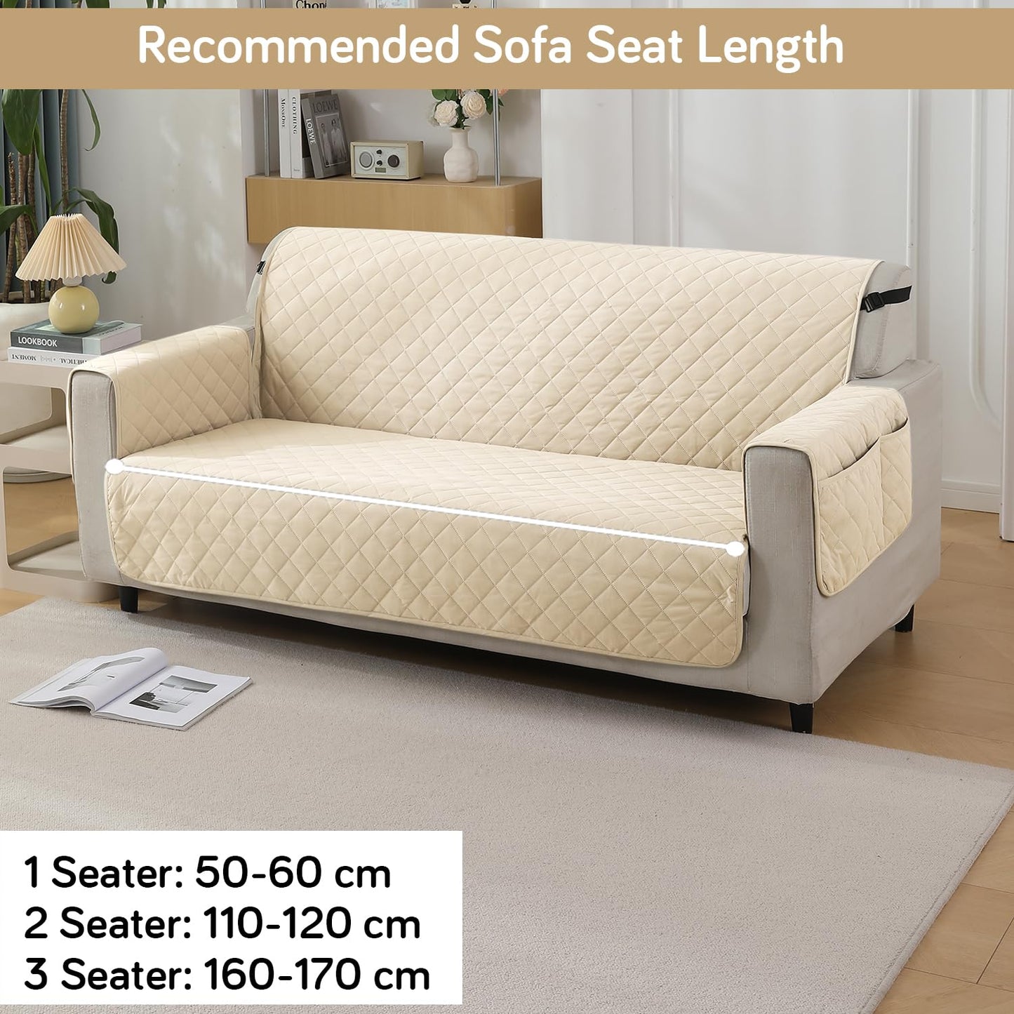 Quilted Waterproof Sofa Cover Mat with Pockets on Armrest Cover - Cream