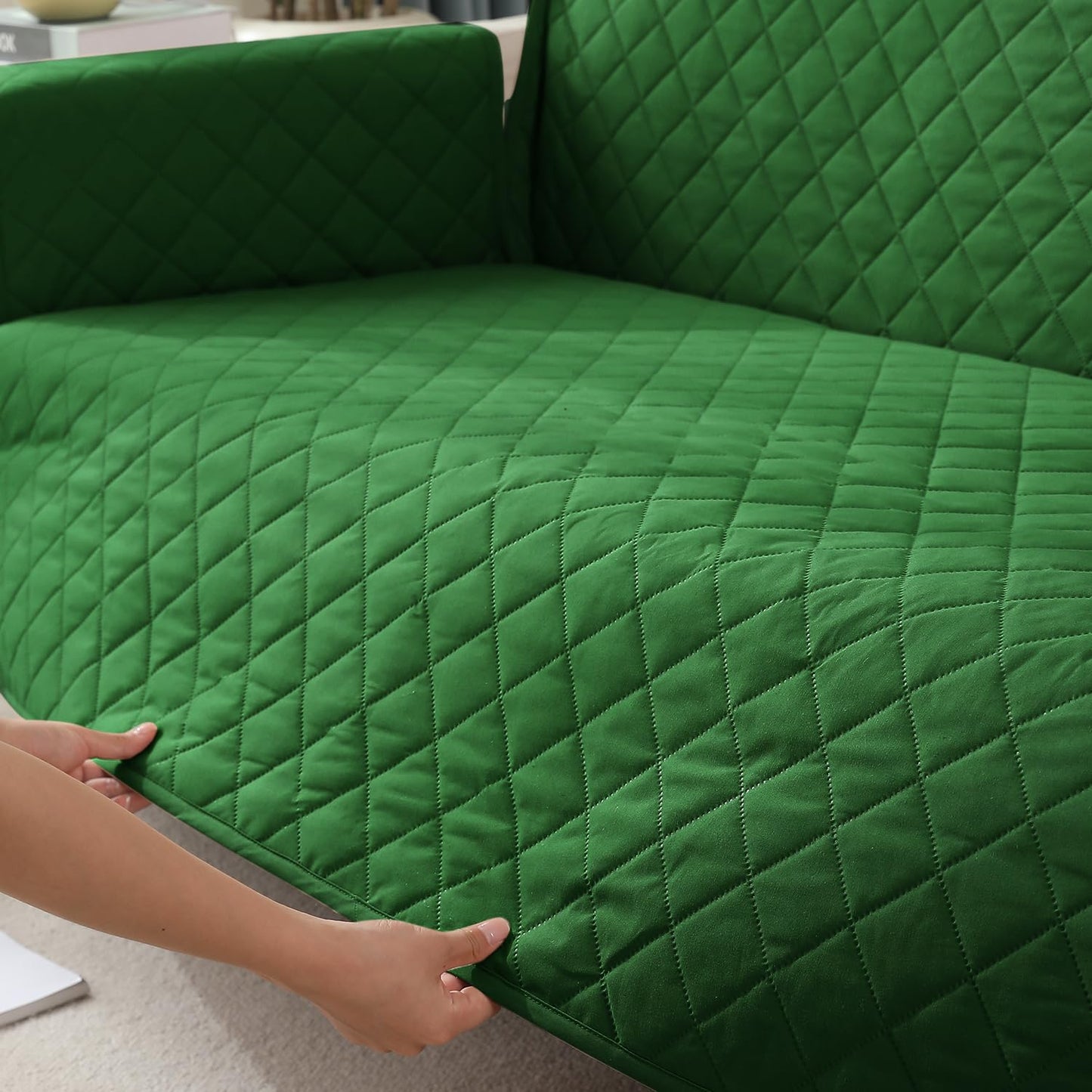 Quilted Waterproof Sofa Cover Mat with Pockets on Armrest Cover - Green