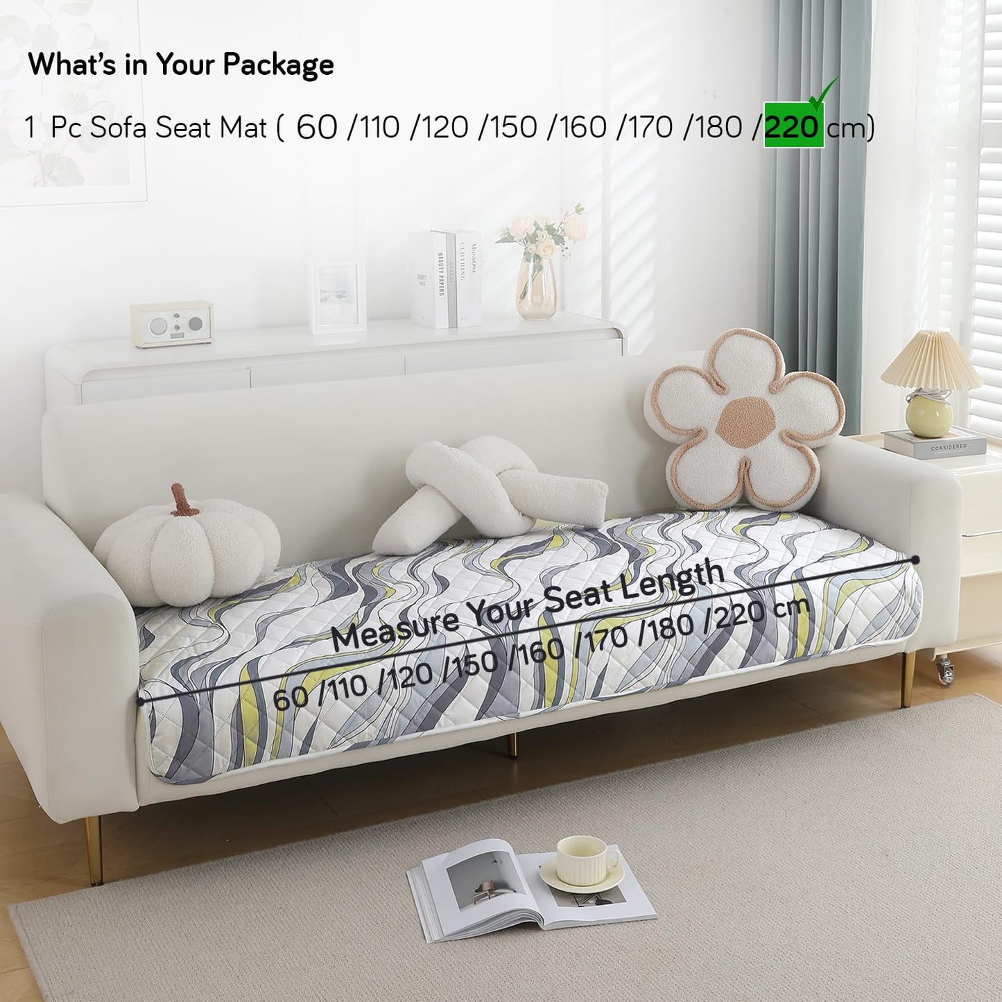 Quilted, Waterproof and Anti-Slip Sofa Cover Mat, Curved Lines Pearl White
