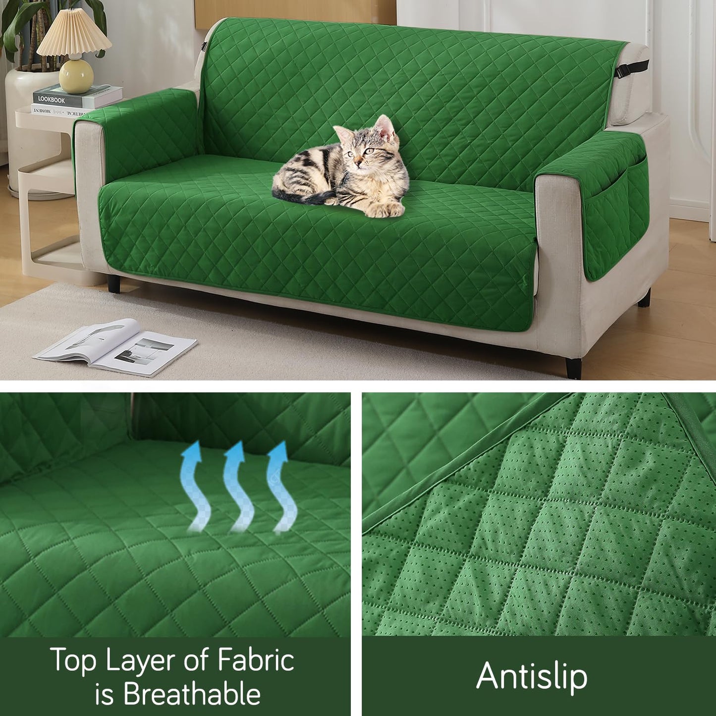 Quilted Waterproof Sofa Cover Mat with Pockets on Armrest Cover - Green