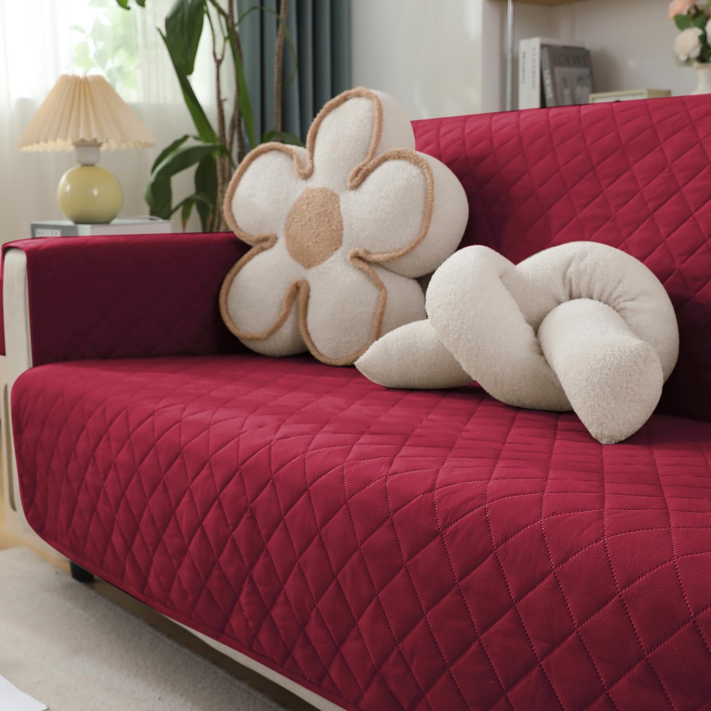 Quilted Waterproof Sofa Cover Mat with Pockets on Armrest Cover - Maroon