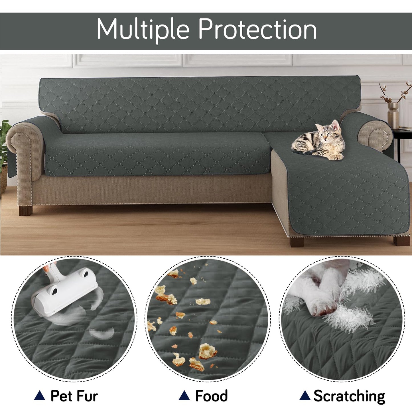 HOKIPO Quilted Reversible One Piece L Shape 4/5/6 Seater Sofa Cover Mat, Dark Grey