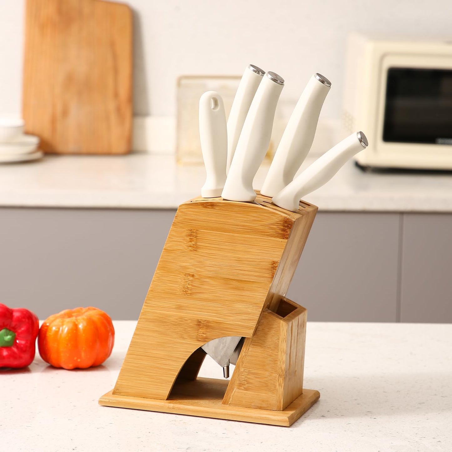 Wooden Knife Holder for Kitchen, Universal Knives Holder Stand with 5 Slots