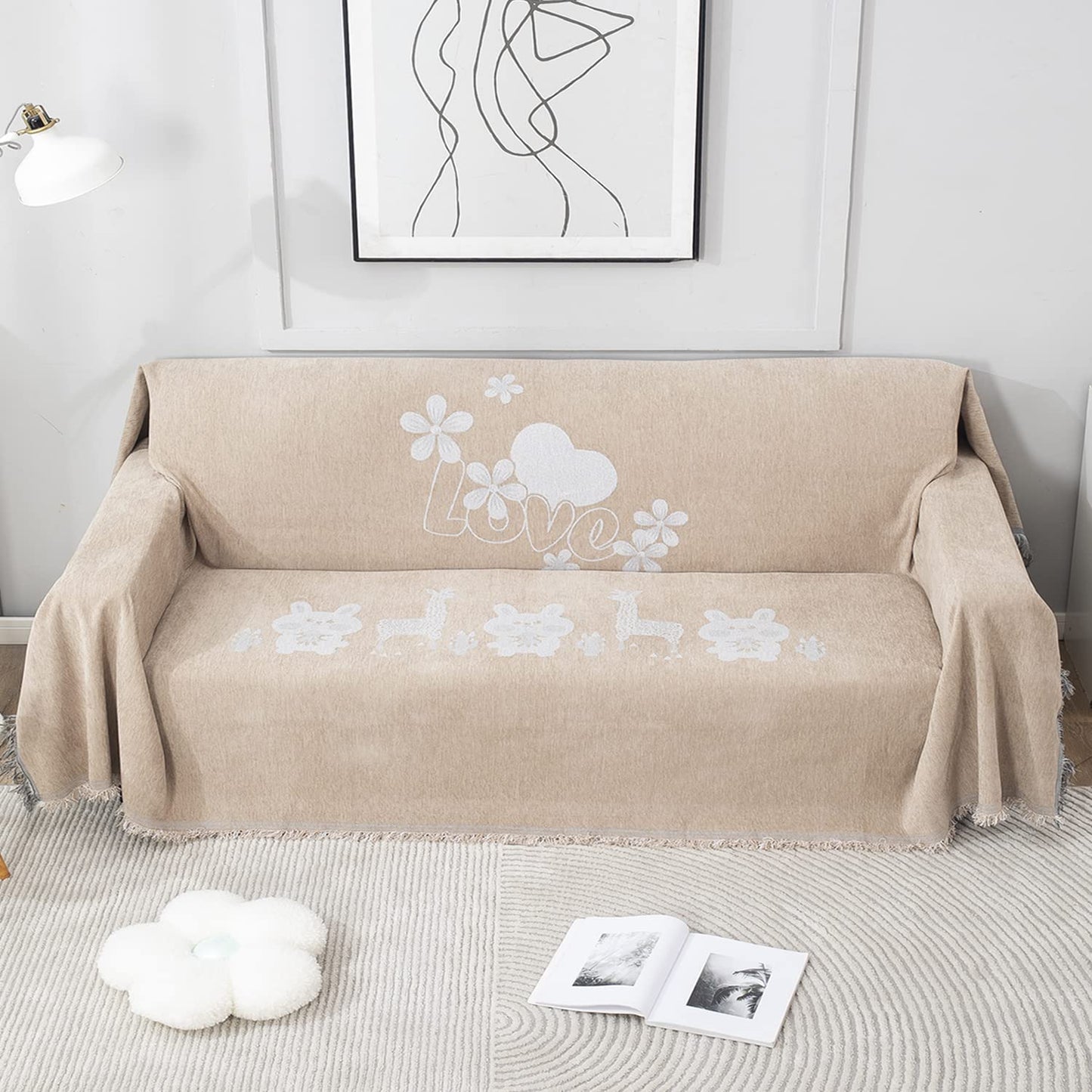 Beige Nature, Soft and Pet Friendly Chenille Sofa Cover Throw