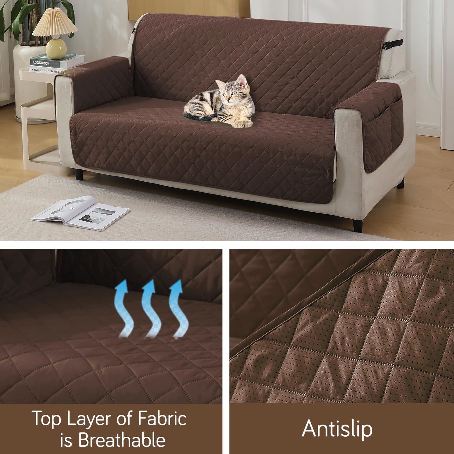 Quilted Waterproof Sofa Cover Mat with Pockets on Armrest Cover - Brown