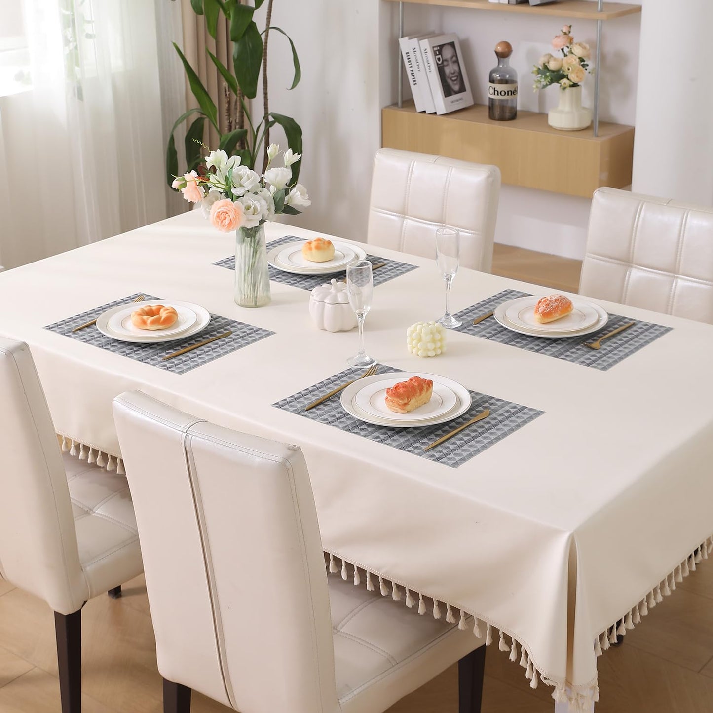 HOKIPO PVC Dining Table Mats and Runner Set of 4/6, Cool Grey Rhombus