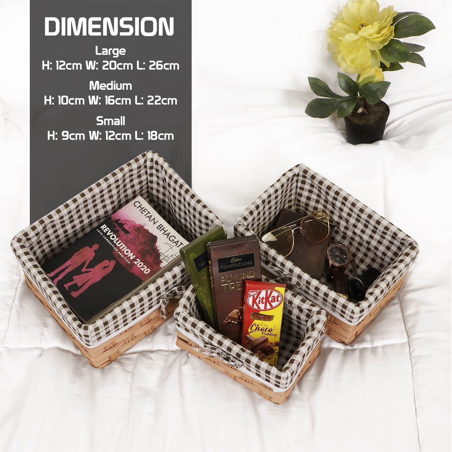 Handwoven Imitation Rattan Wicker Rectangular Basket For Home, Office, Wardrobe. Pack Of 3, Light Brown