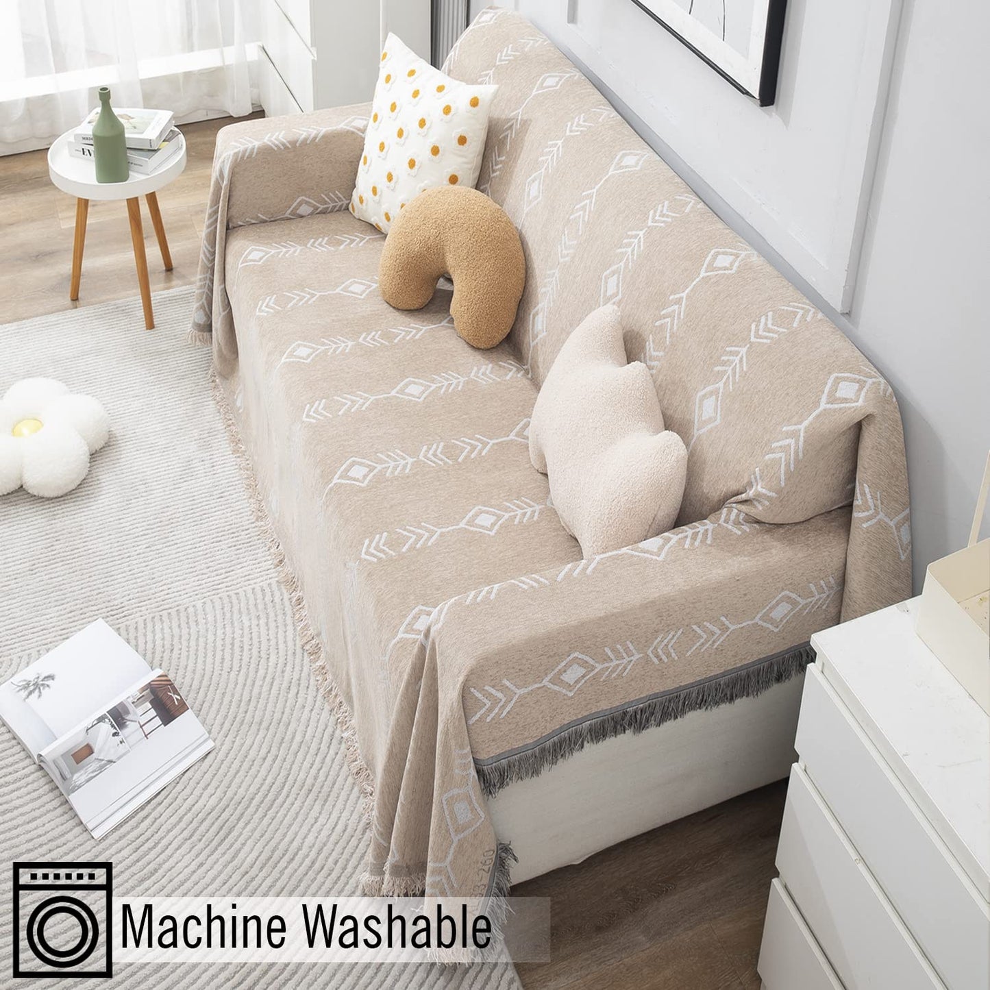 Beige Aztec, Thick, Soft and Pet Friendly Chenille Sofa Cover Throw