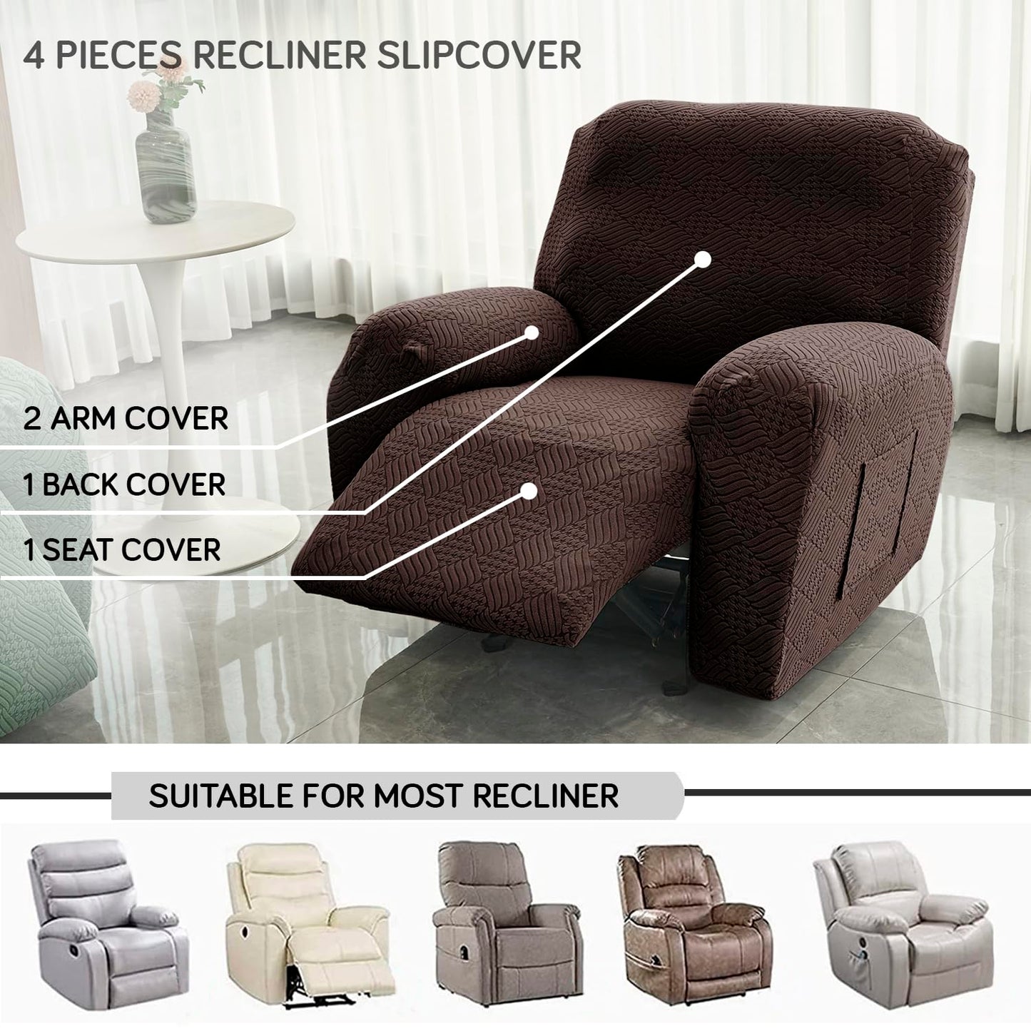 Premium 170 GSM Jacquard Fully Covered Recliner Sofa Cover for 1/2/3 Seaters, Brown
