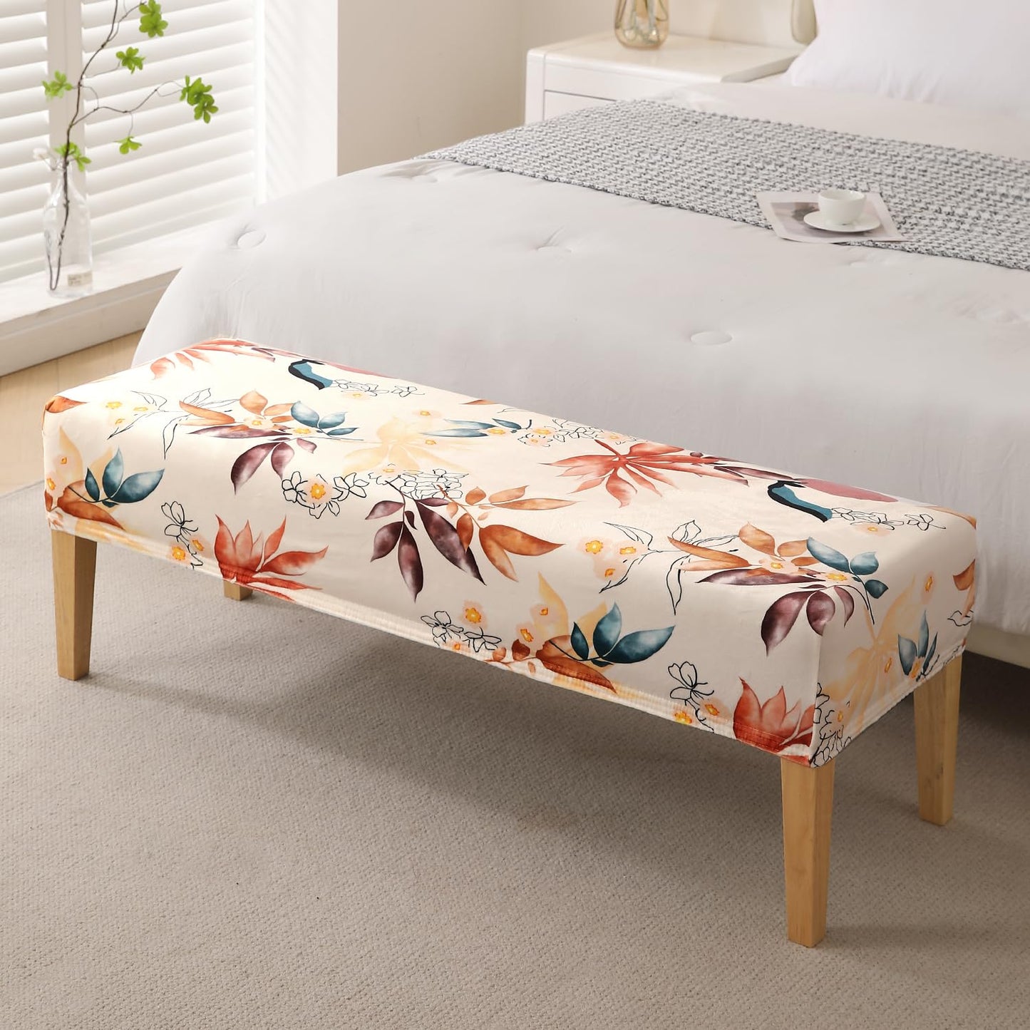 Premium Printed Velvet Elastic Dining Bench Cover, Amber Serene Flora