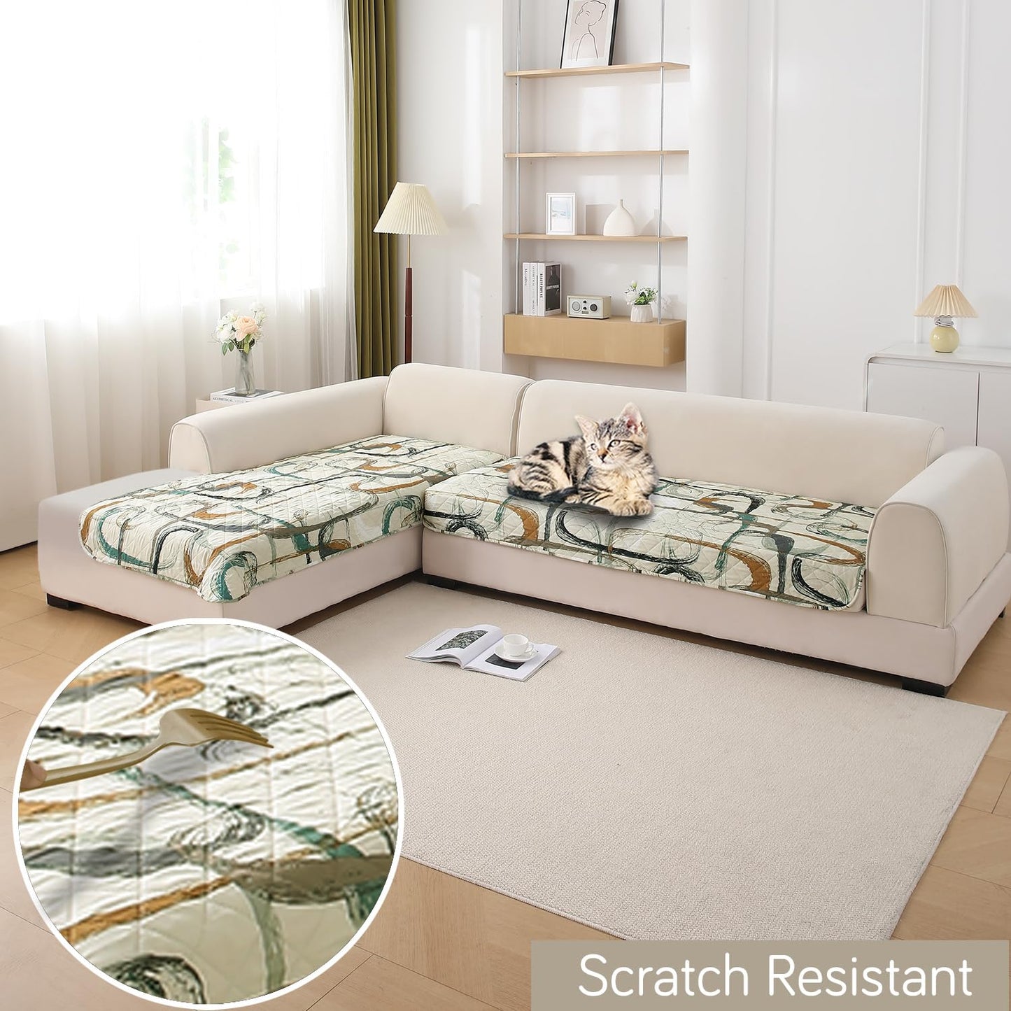Waterproof Printed Quilted Quick Dry L Shape Sofa Seat Cover Mat, Parchement Beige Abstract Art