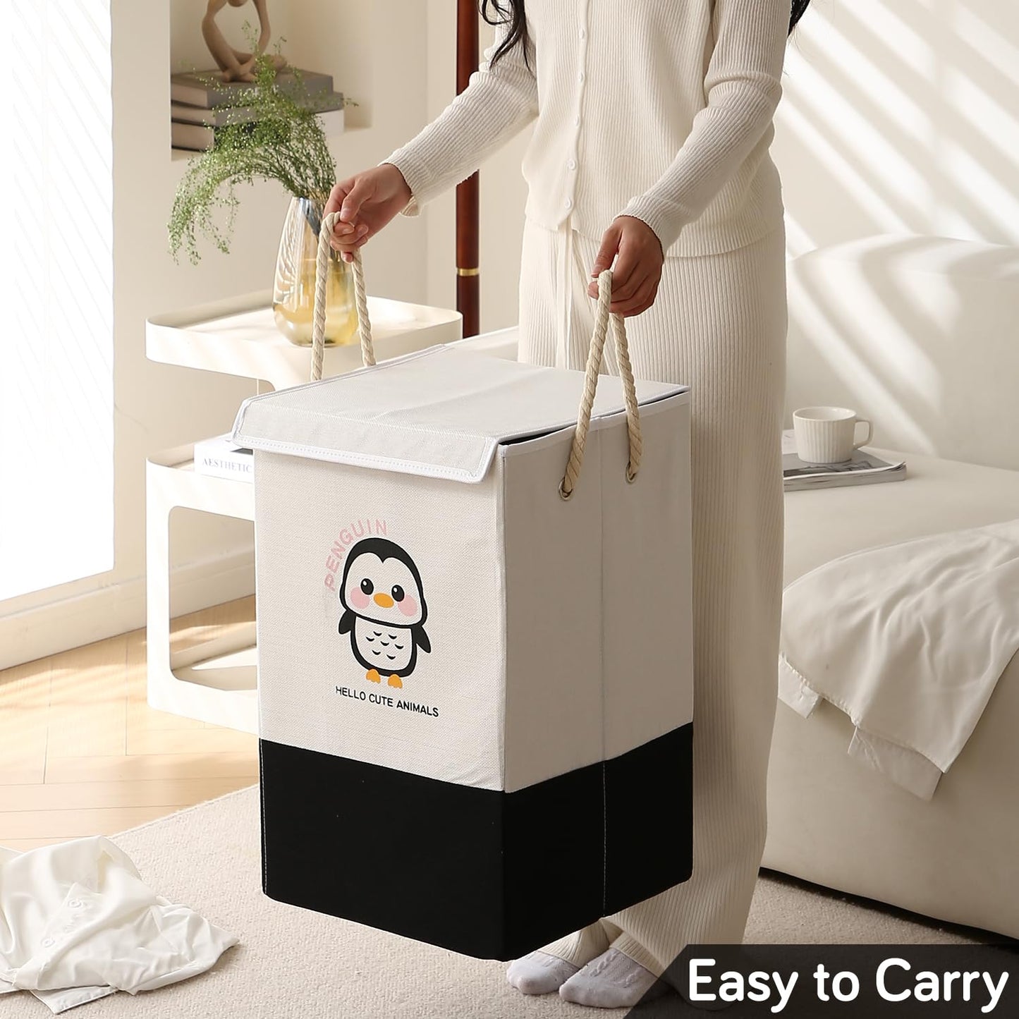 Foldable Laundry Basket for Clothes with Lid, Black - Penguin