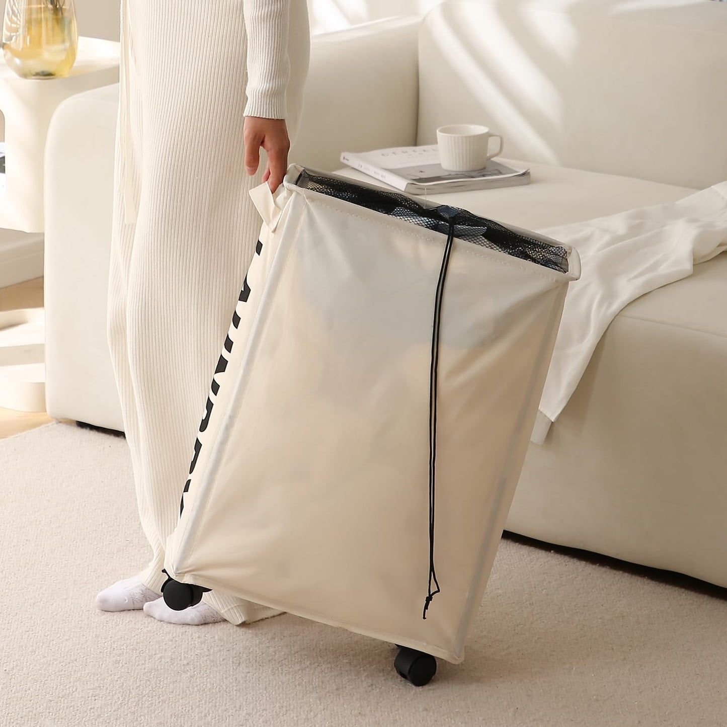 Laundry Basket Bag with Wheels Hamper, Cream