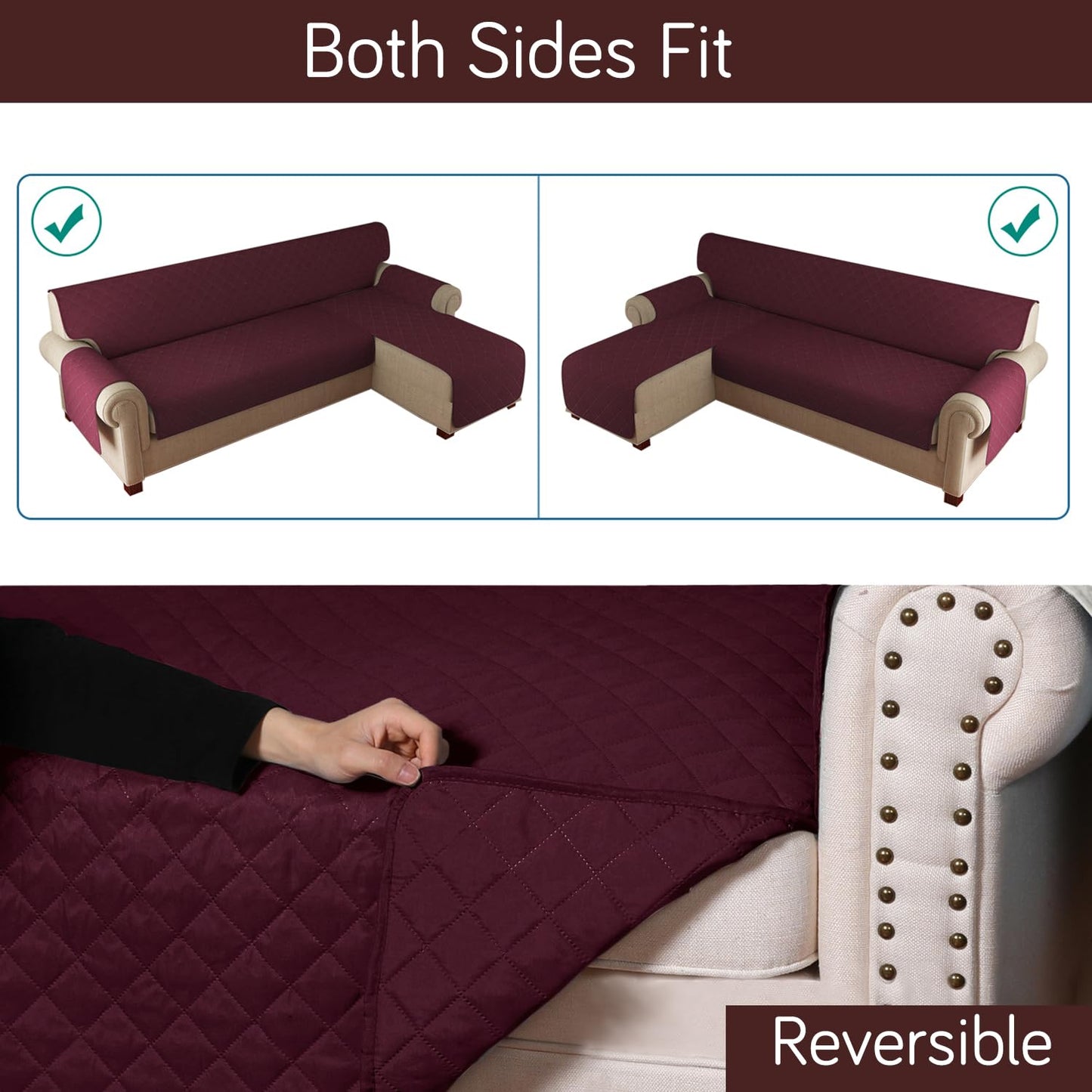Quilted Reversible One Piece L Shape 4/5/6 Seater Sofa Cover Mat, Burgundy