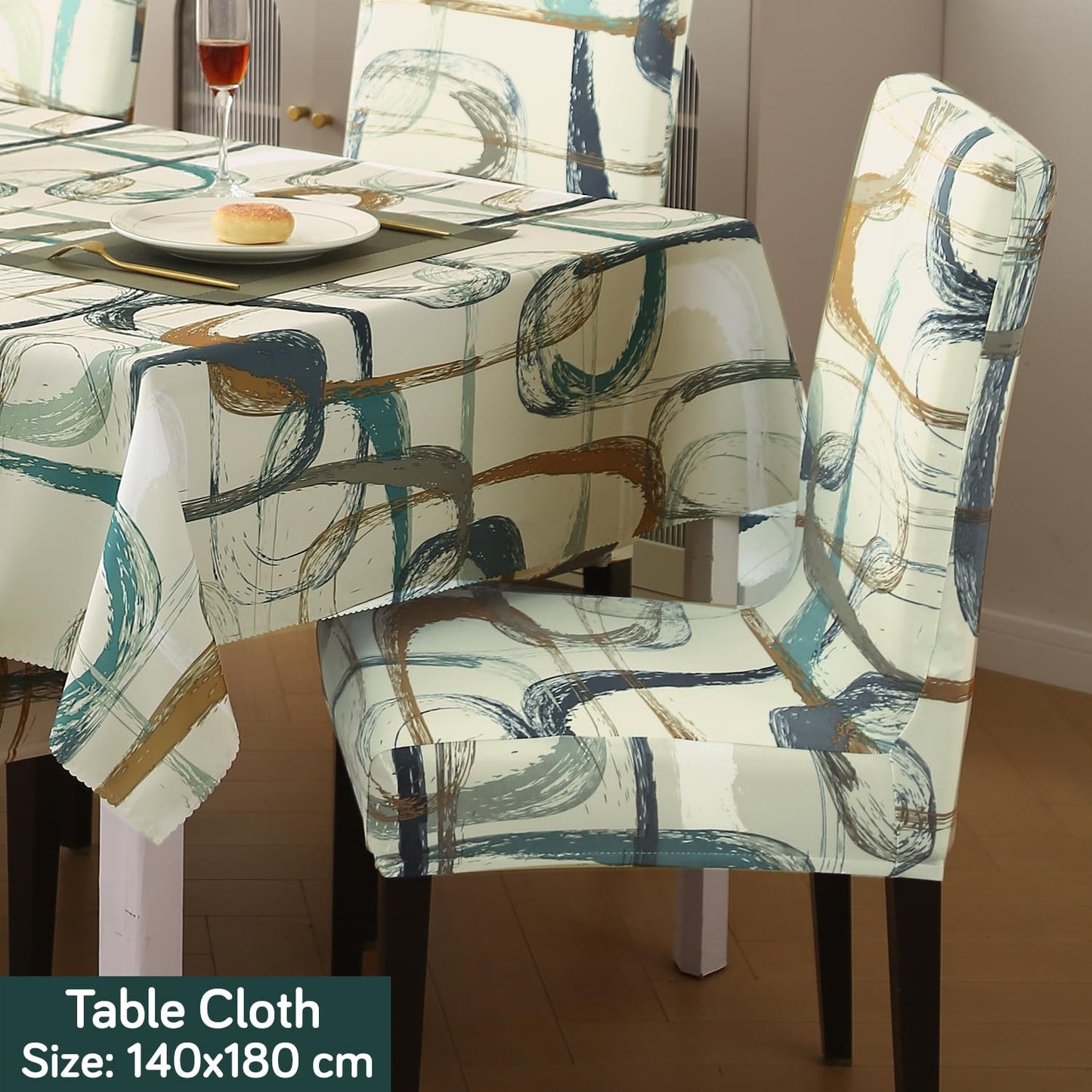 Elastic Dining Chair Covers with Matching Tablecloth, Parchement Beige Abstract Art