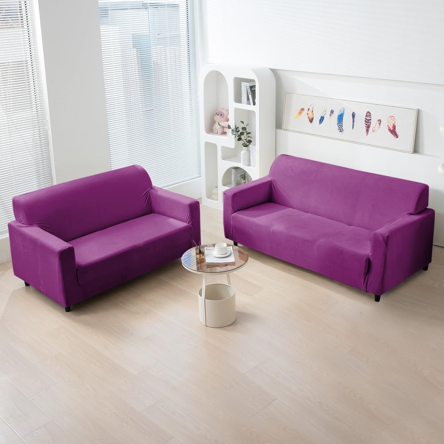 Purple premium elastic velvet sofa cover for 3+2 seater sofa set