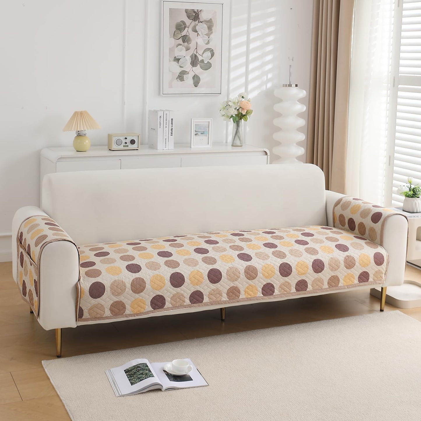 Quilted Sofa Seat Mat for 1/2/3 Seater with 2 Armrest Covers with Pockets, Brown Polka Dot