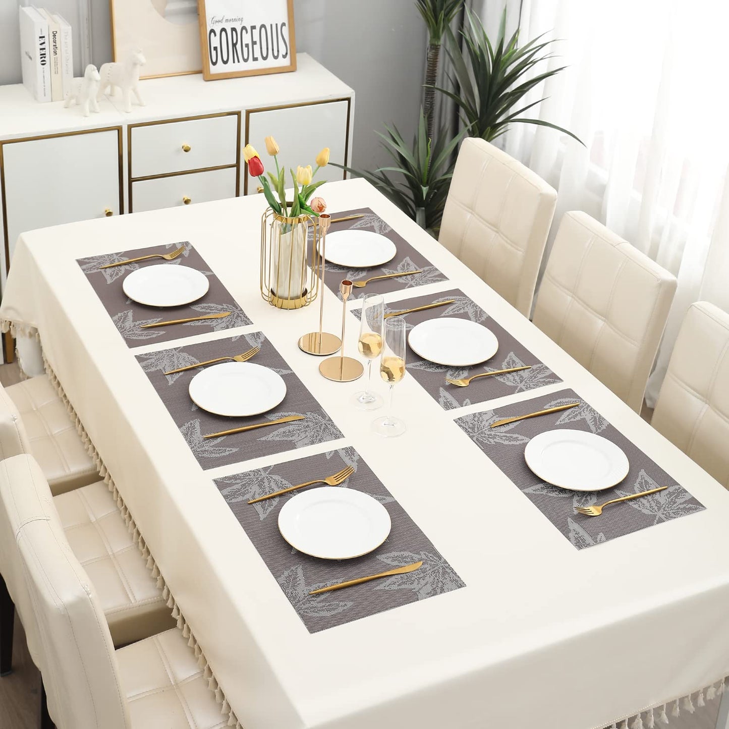 PVC Dining Table Mats, Grey Maple Leaf
