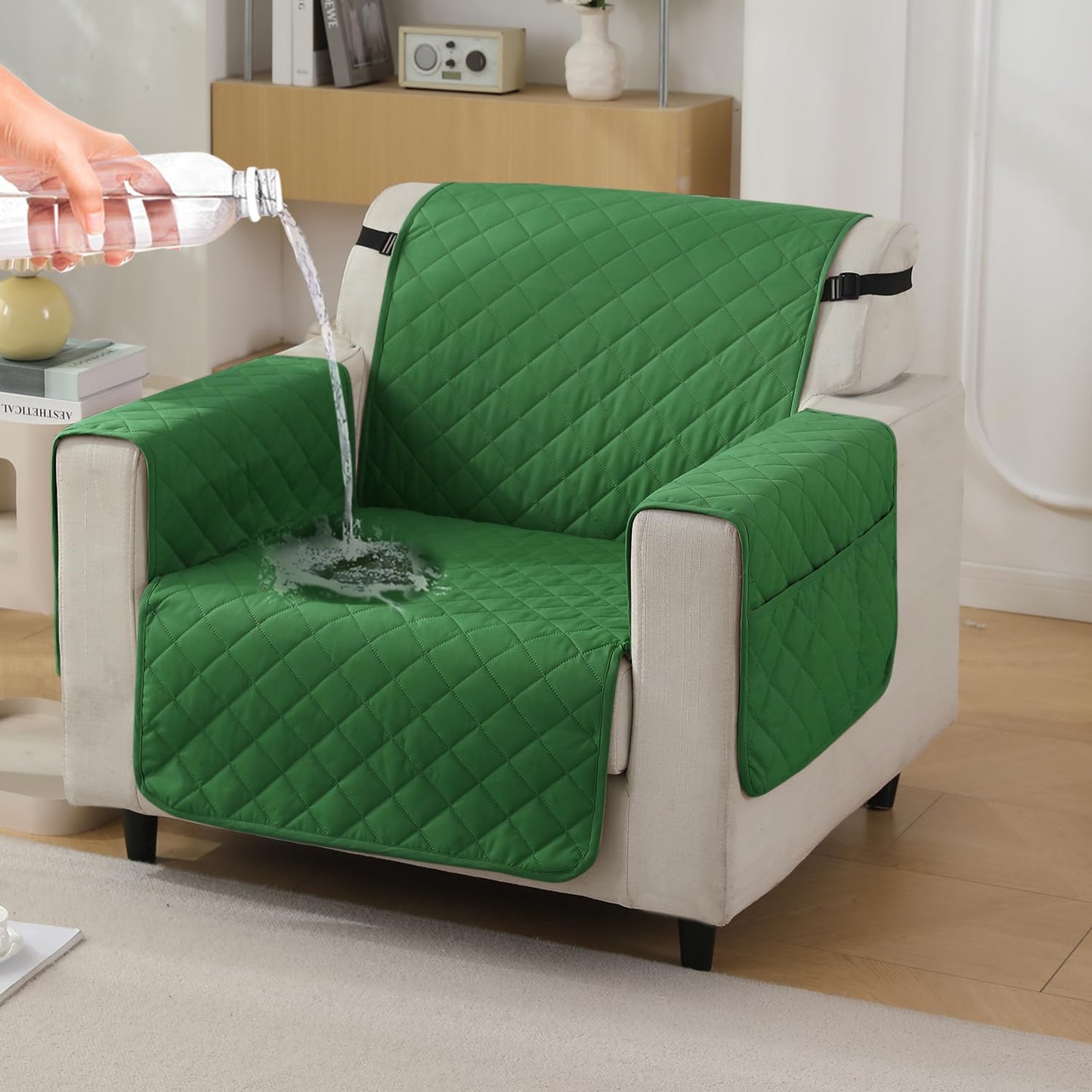 Quilted Waterproof Sofa Cover Mat with Pockets on Armrest Cover - Green