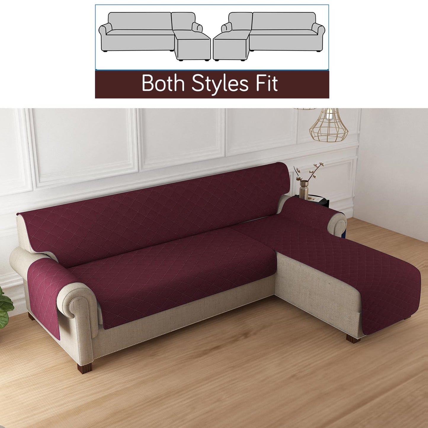 Quilted Reversible One Piece L Shape 4/5/6 Seater Sofa Cover Mat, Burgundy