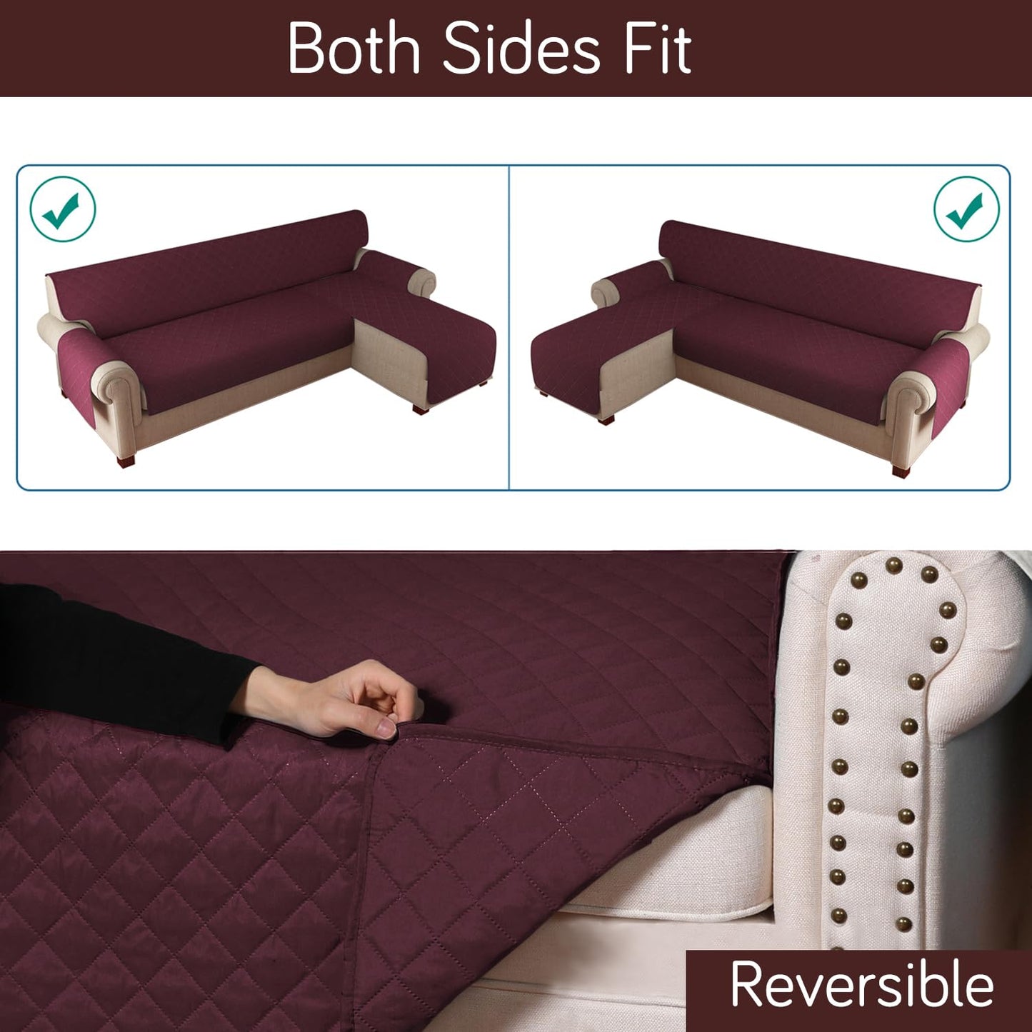 Quilted Reversible One Piece L Shape 4/5/6 Seater Sofa Cover Mat, Burgundy