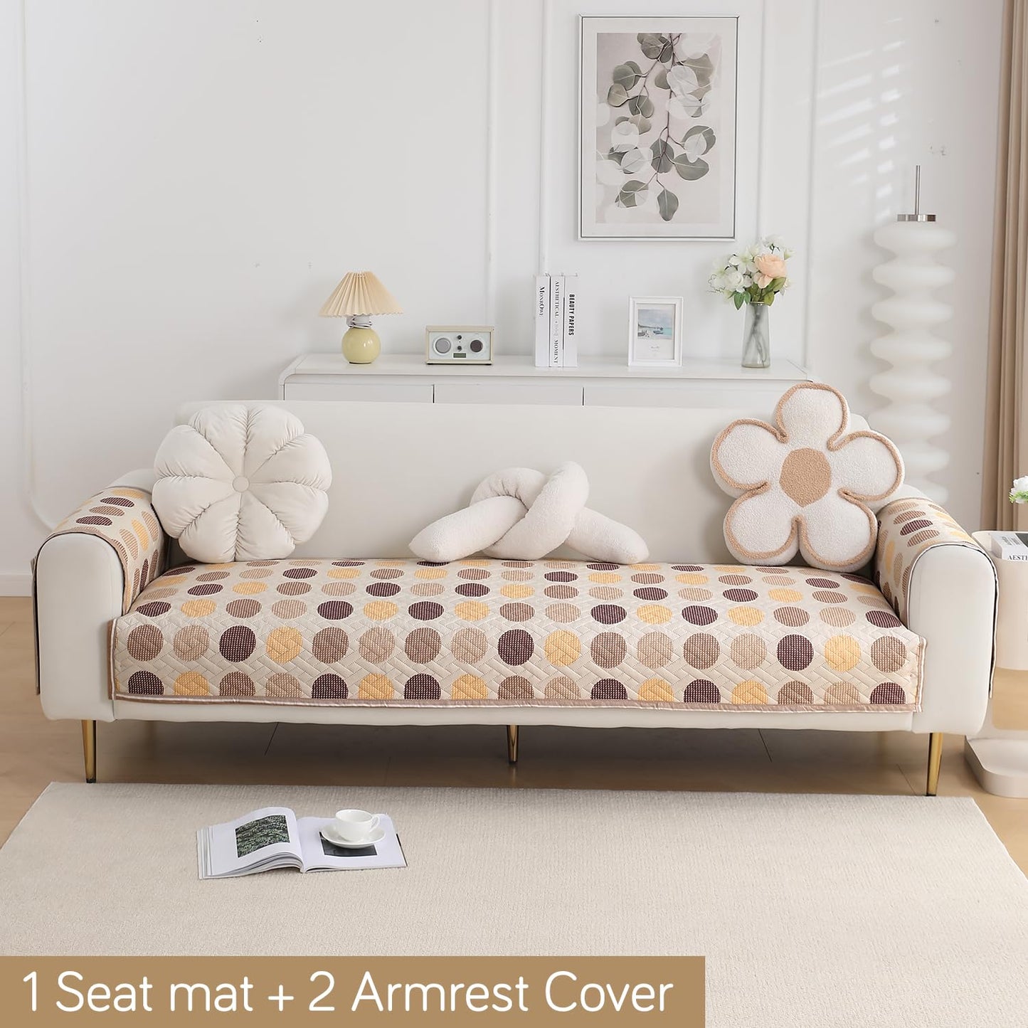 Quilted Sofa Seat Mat for 1/2/3 Seater with 2 Armrest Covers with Pockets, Brown Polka Dot