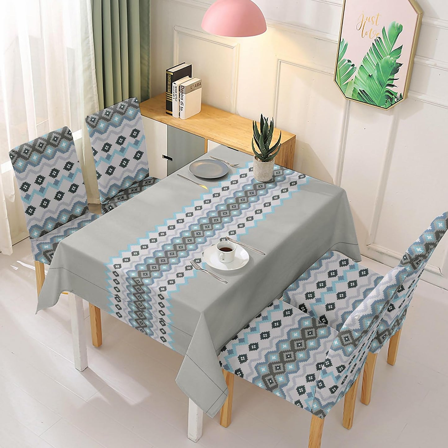 HOKIPO Polyester Dining Chair Covers Set of 4/6 with Matching Tablecloth, Mosaic Blissful Blue
