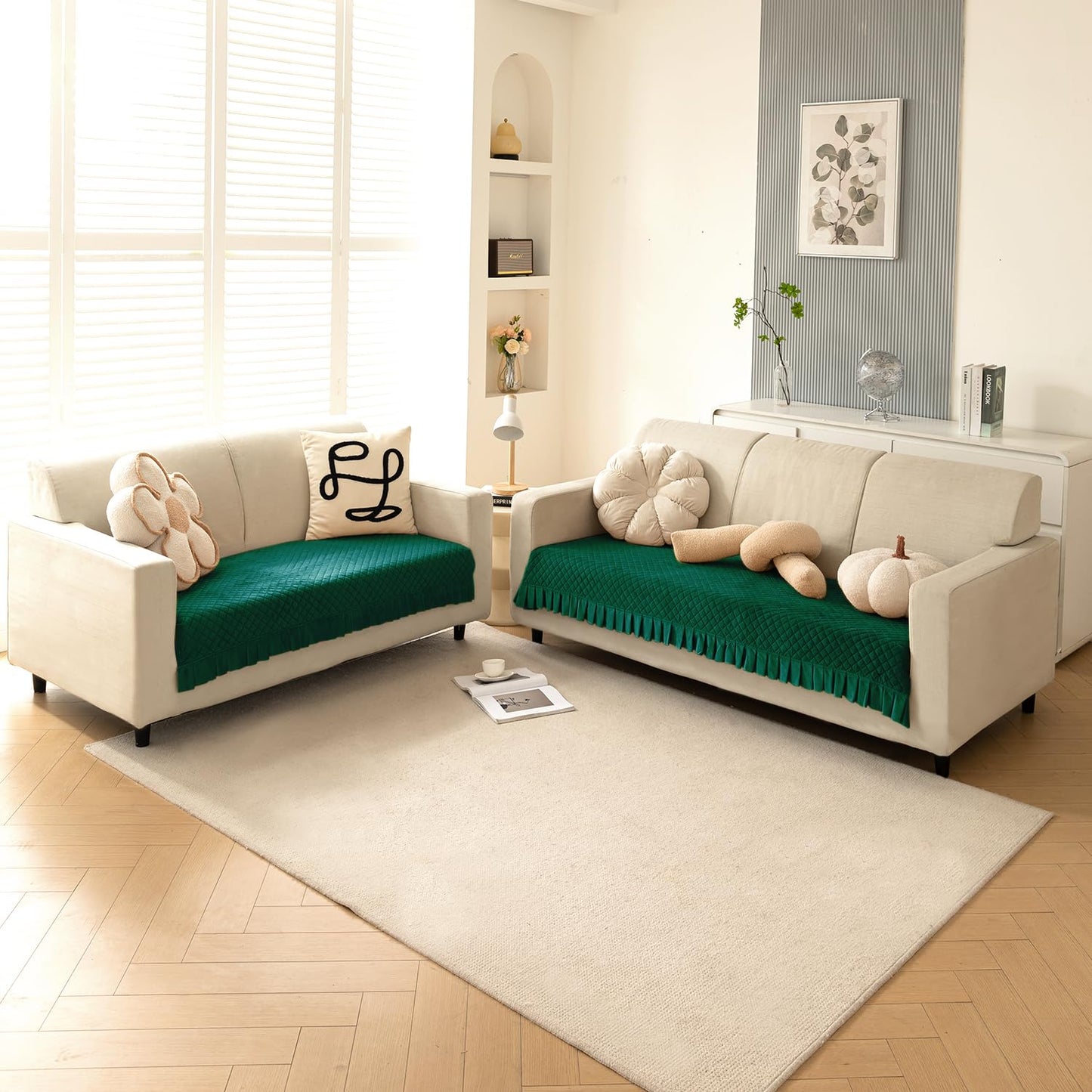 Holland Velvet Sofa Cover Seat Mat with Frill for 1/2/3 - Seater, Bottle Green