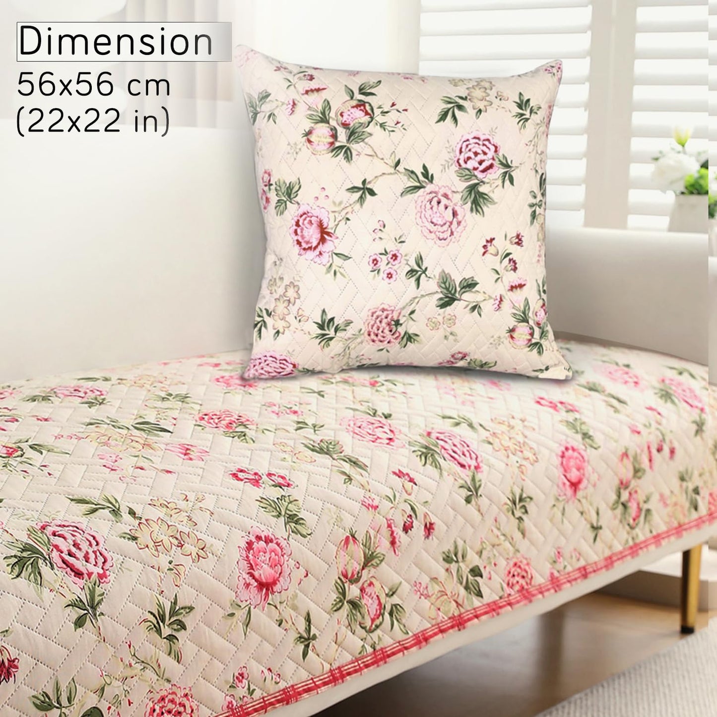 HOKIPO Printed Quilted Sofa Cushion Cover Pack of 2, Beige Peonies