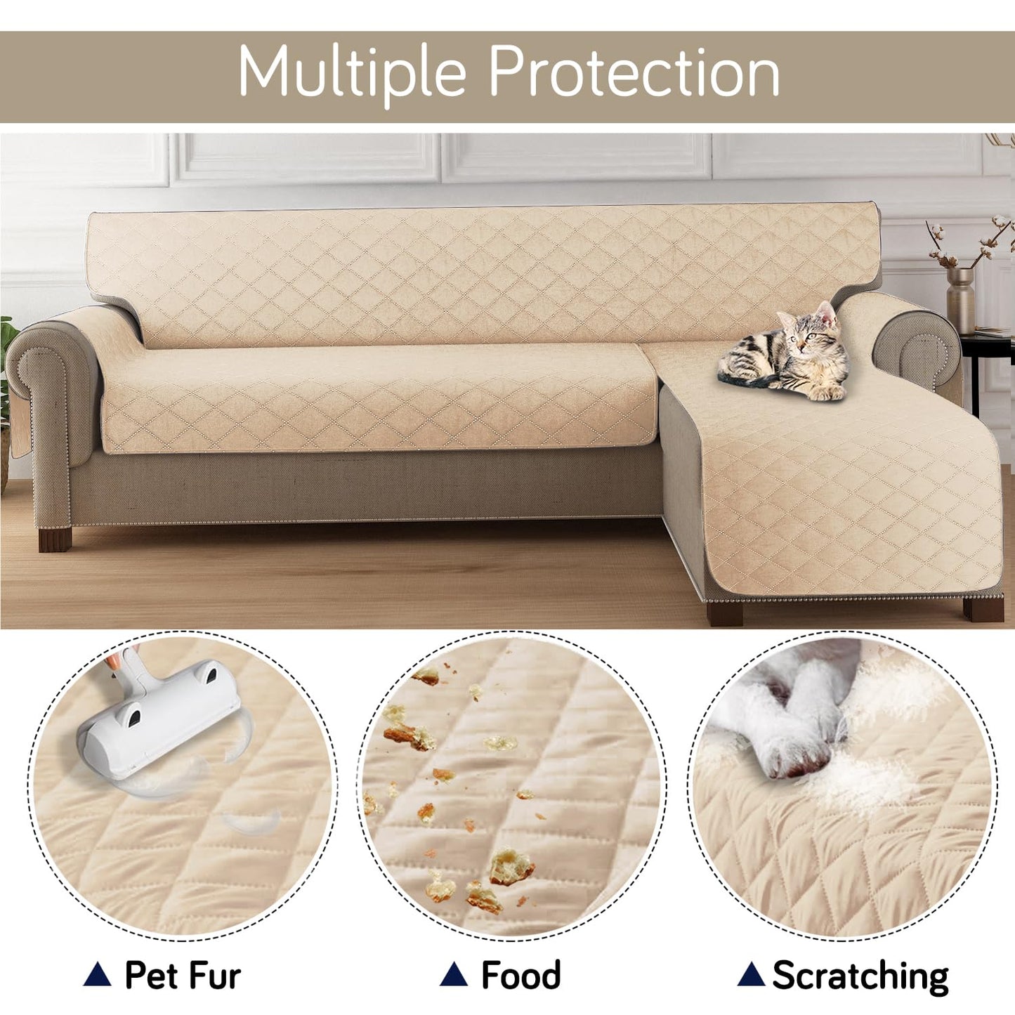 HOKIPO Quilted Reversible One Piece L Shape 4/5/6 Seater Sofa Cover Mat, Beige