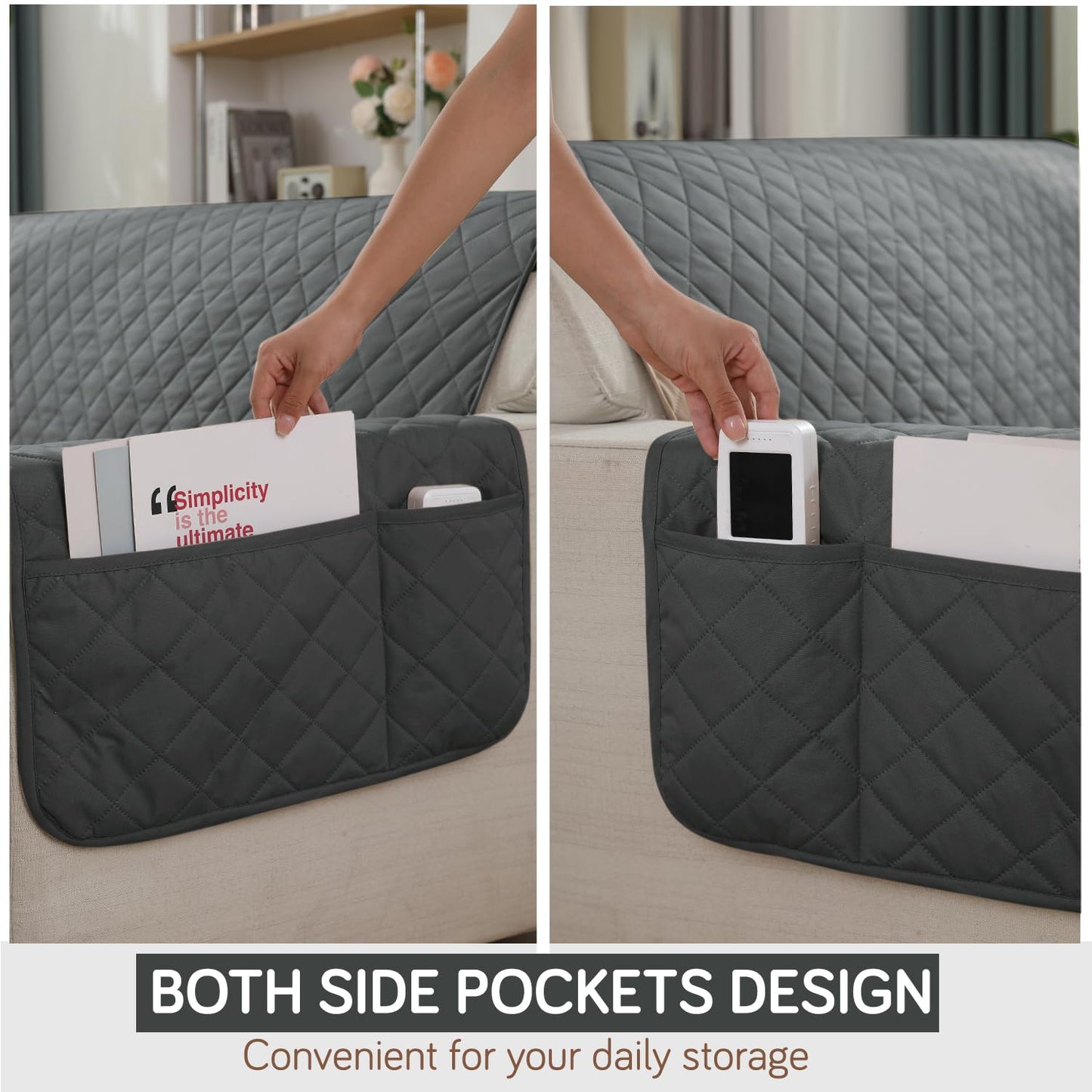 Quilted Waterproof Sofa Cover Mat with Pockets on Armrest Cover - Grey