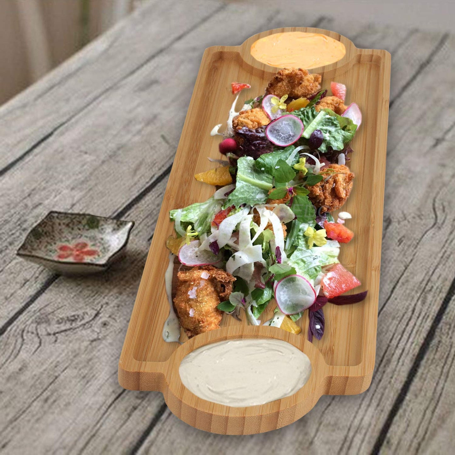 Wooden Bamboo Starter Serving Tray / Dip and Chips Platter - Pack of 2