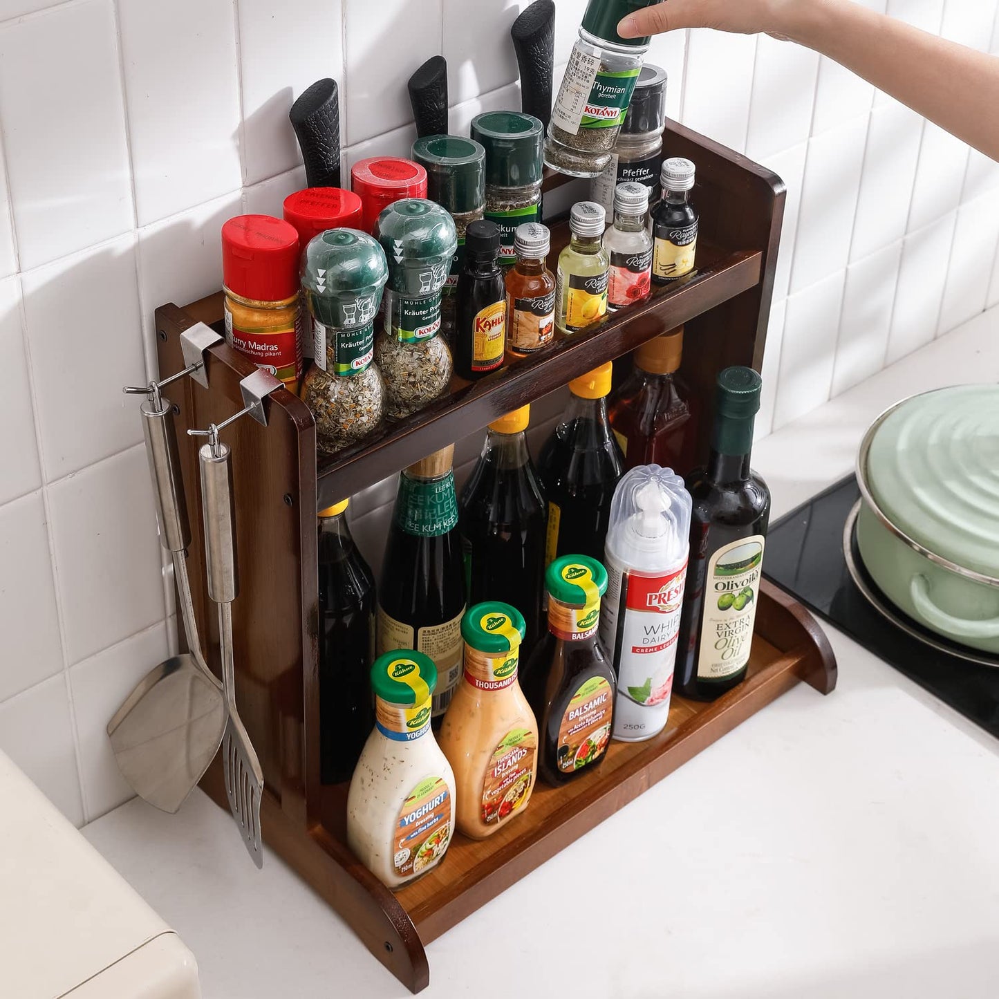 Bamboo 2 Tier Spice Rack Organizer For Tiered Shelf Kitchen Platform Counter Top Rack Storage Shelf Stand