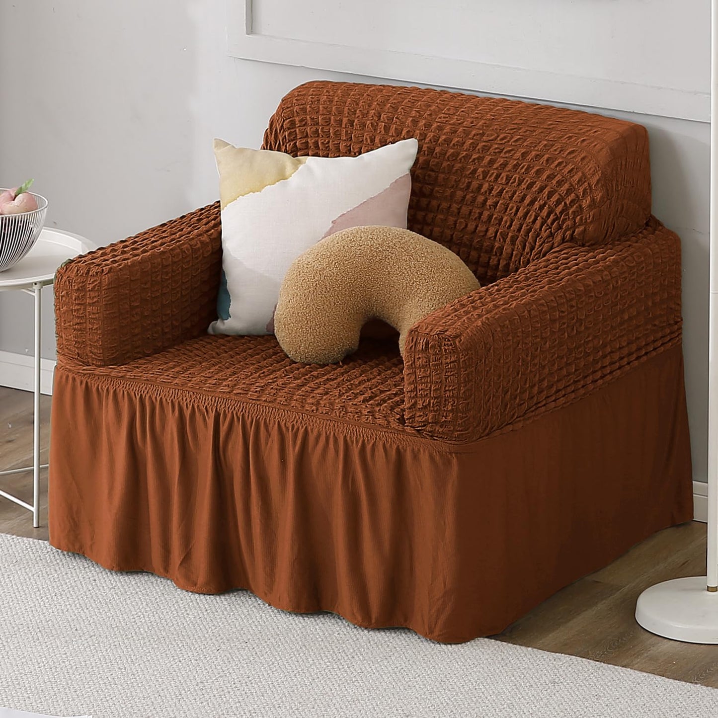 Chocolate Brown 1 Seater Elastic Turkish Bubble Frilled sofa cover set