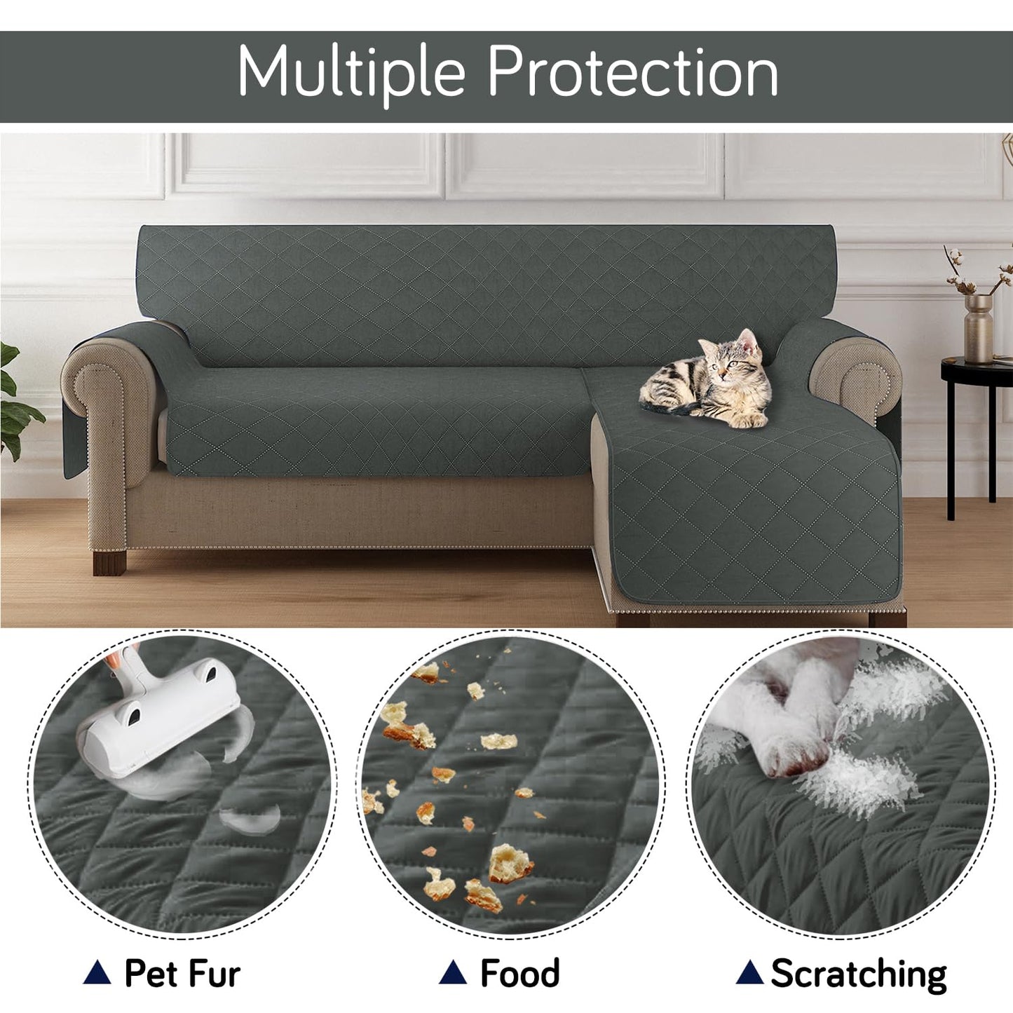 HOKIPO Quilted Reversible One Piece L Shape 4/5/6 Seater Sofa Cover Mat, Dark Grey