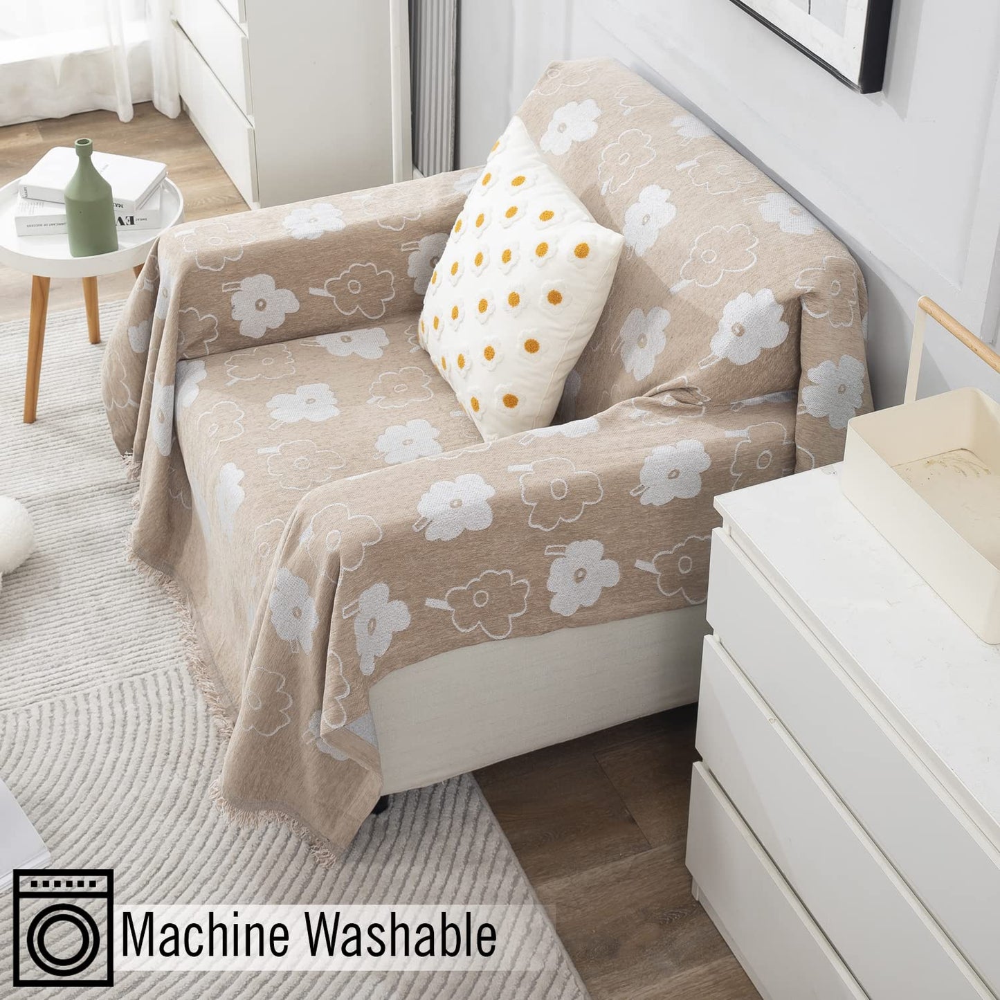 Beige Floral, Thick, Soft and Pet Friendly Chenille Sofa Cover Throw