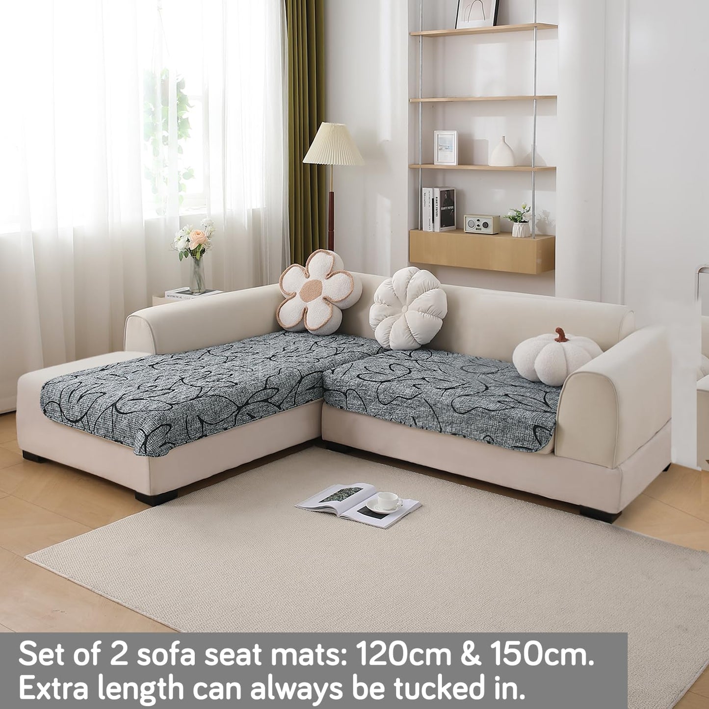 Waterproof Printed Quilted Quick Dry L Shape Sofa Seat Cover Mat, Intense Grey Abstract Floral