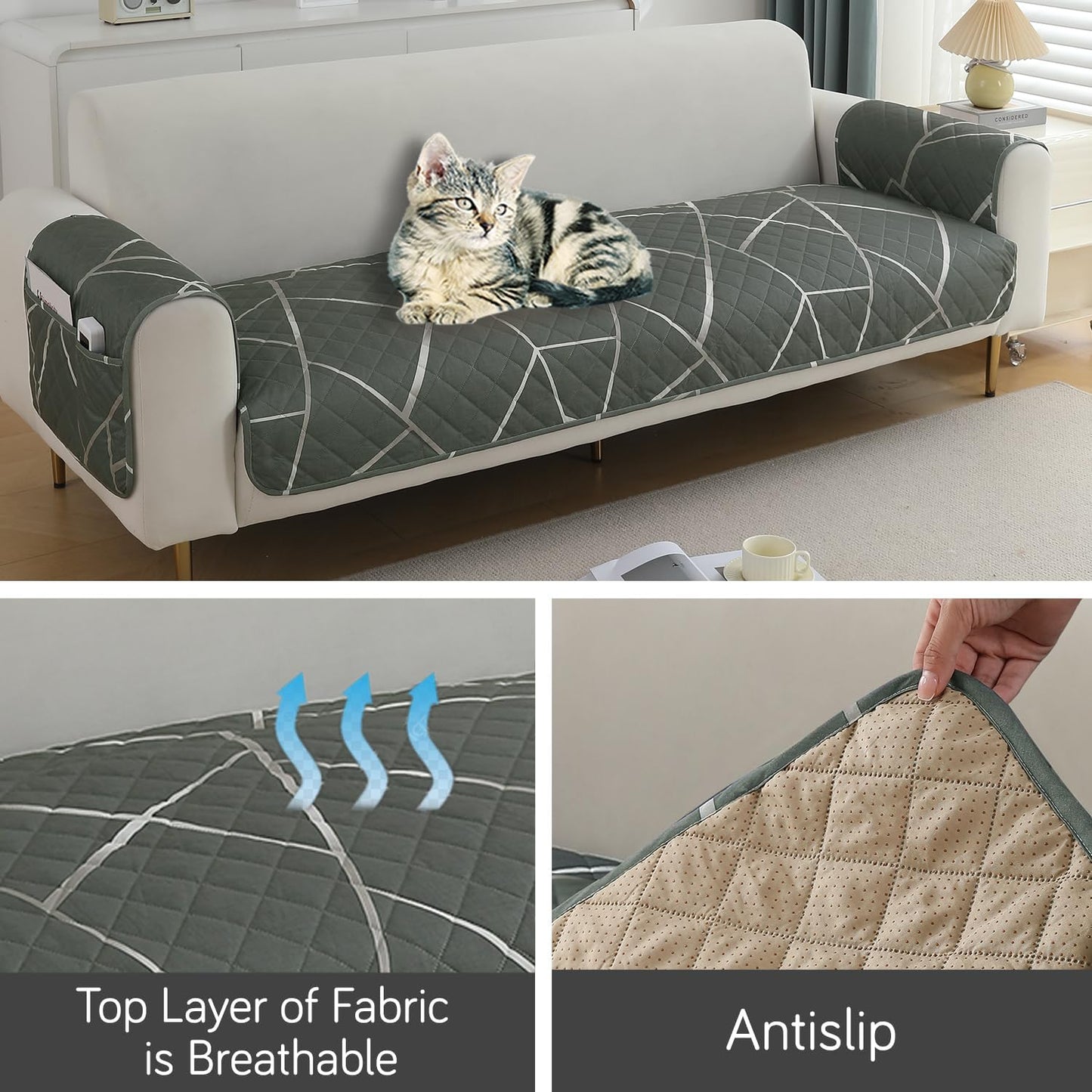 HOKIPO Quilted Waterproof Sofa Seat Mat with 2 Armrest Covers with Pockets, Abstract Geometric Shadow Grey