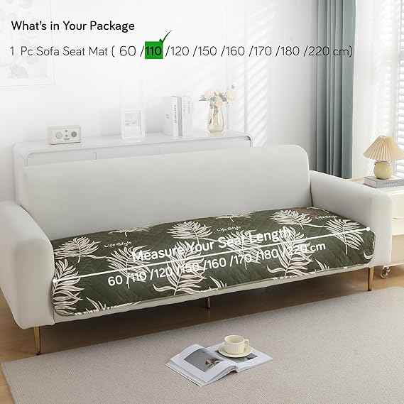 Quilted, Waterproof and Anti-Slip Sofa Cover Mat, Palm Leaves Olive