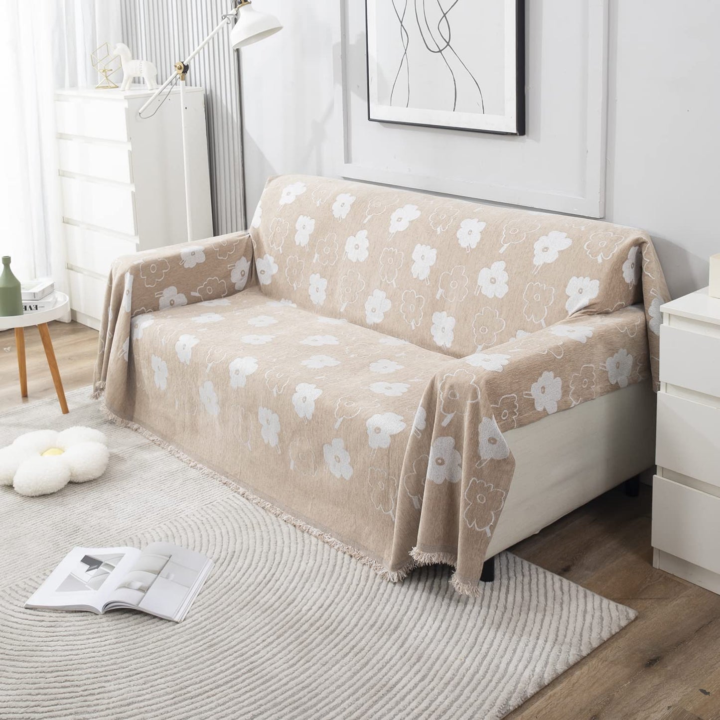 Beige Floral, Thick, Soft and Pet Friendly Chenille Sofa Cover Throw
