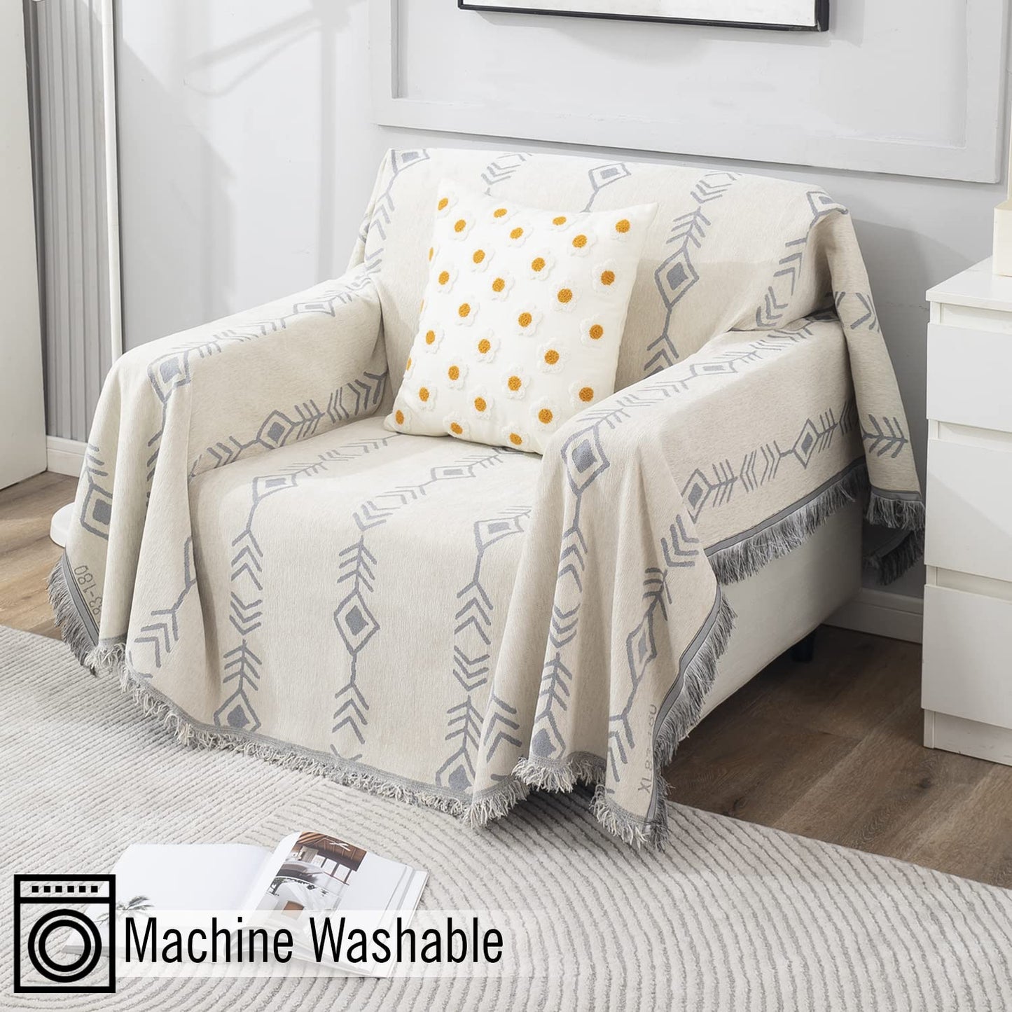 Thick, Soft and Pet Friendly Chenille Sofa Cover Throw, Off-White Aztec